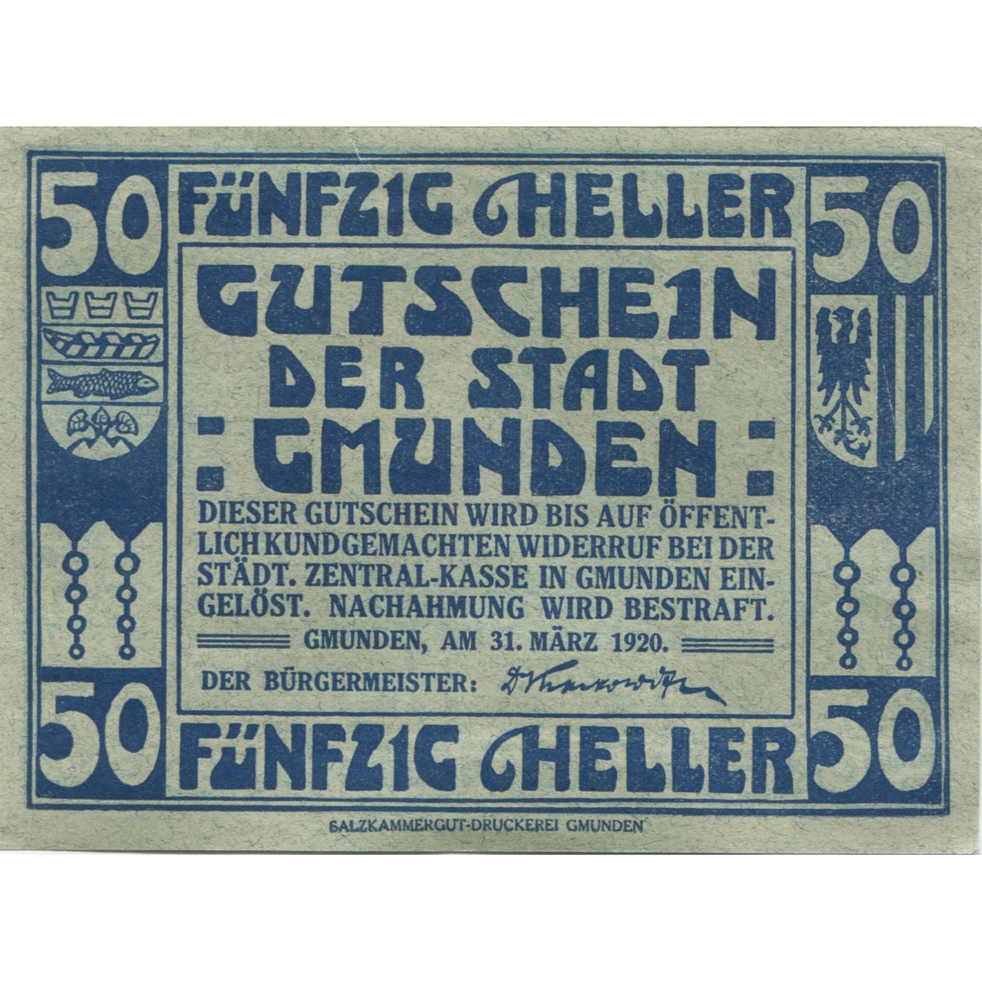 Banknote, Austria, Gmunden, 50 Heller, Eglise, 1920, UNC(63) Mehl:FS 240IIa