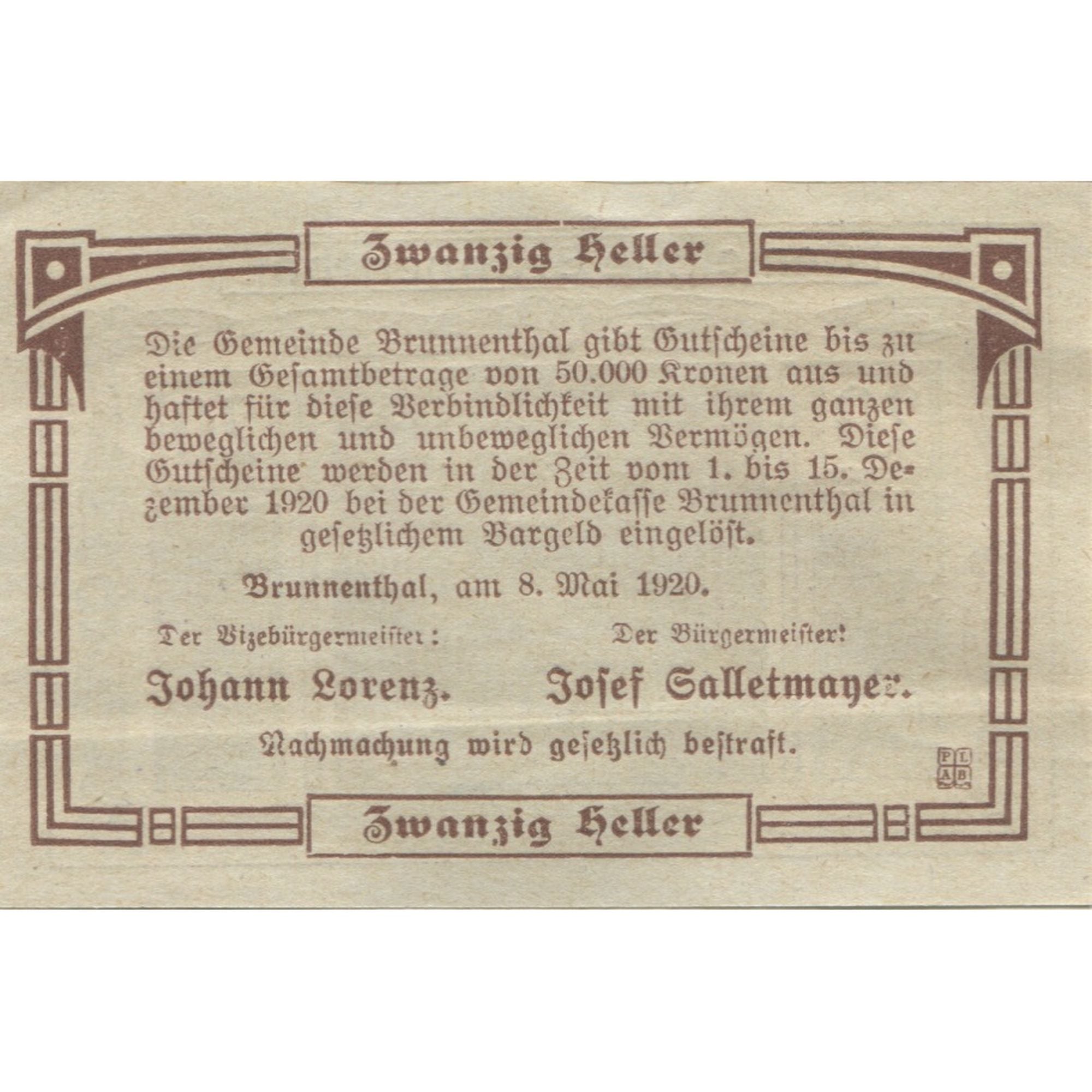 Banknote, Austria, Brunnenthal, 20 Heller, statue, 1920 UNC(63) Mehl:FS 111a