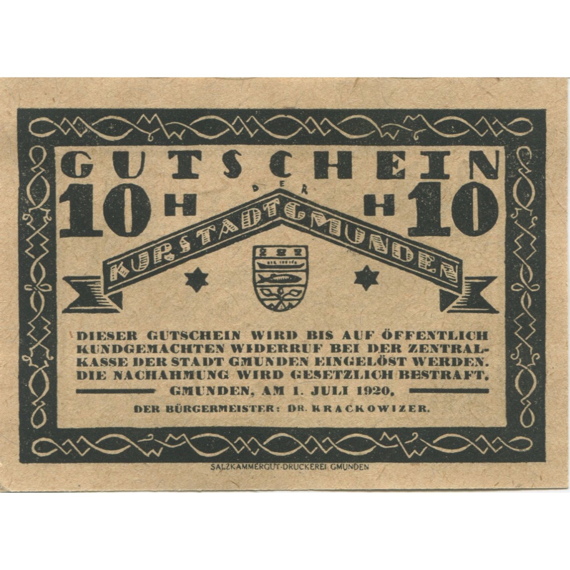 Banknote, Austria, Gmunden, 10 Heller, lac 1920-03-31, UNC(63), Mehl:FS 240IIa