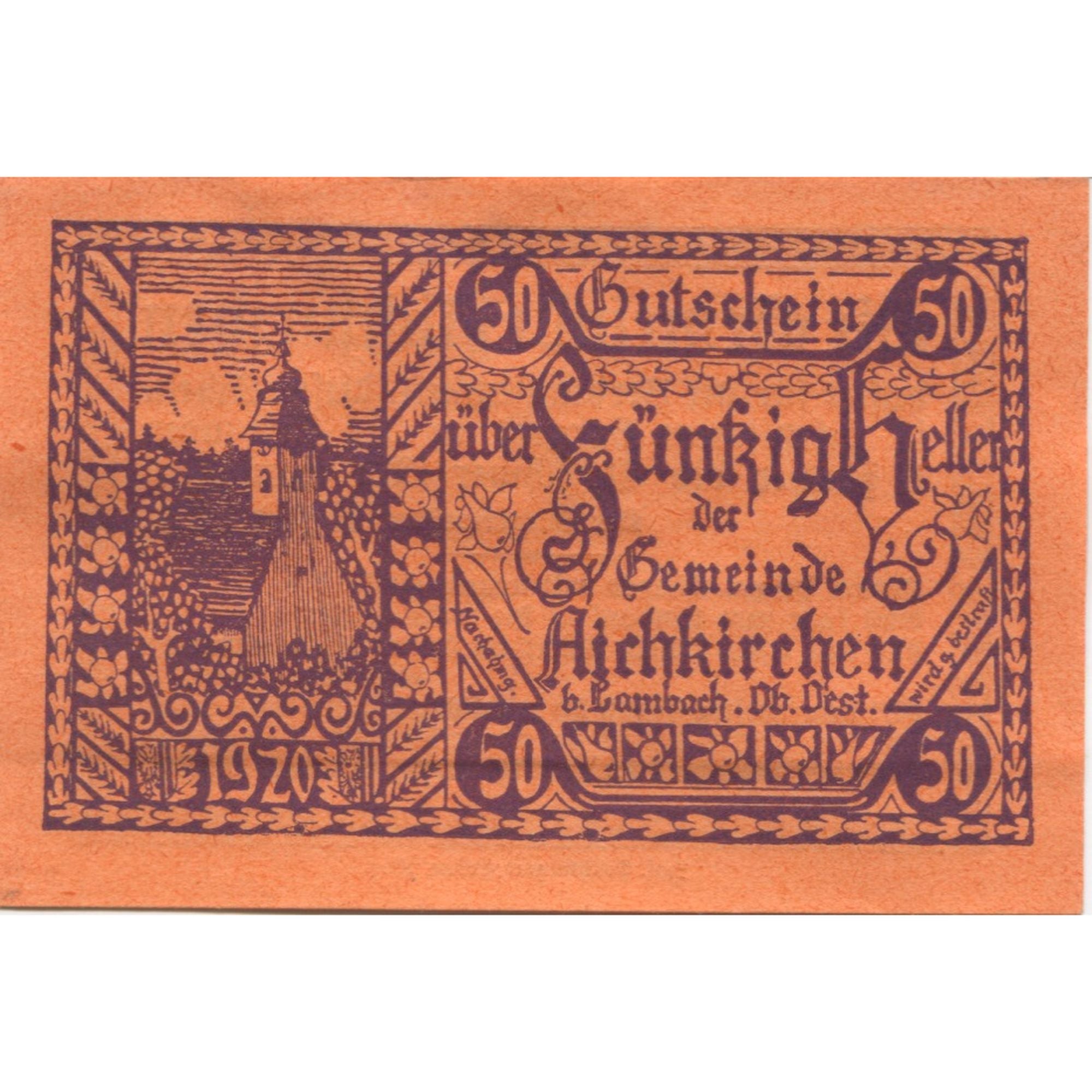Banknote, Austria, Aichkirchen, 50 Heller, Eglise, 1921 UNC(63) Mehl:FS 11a