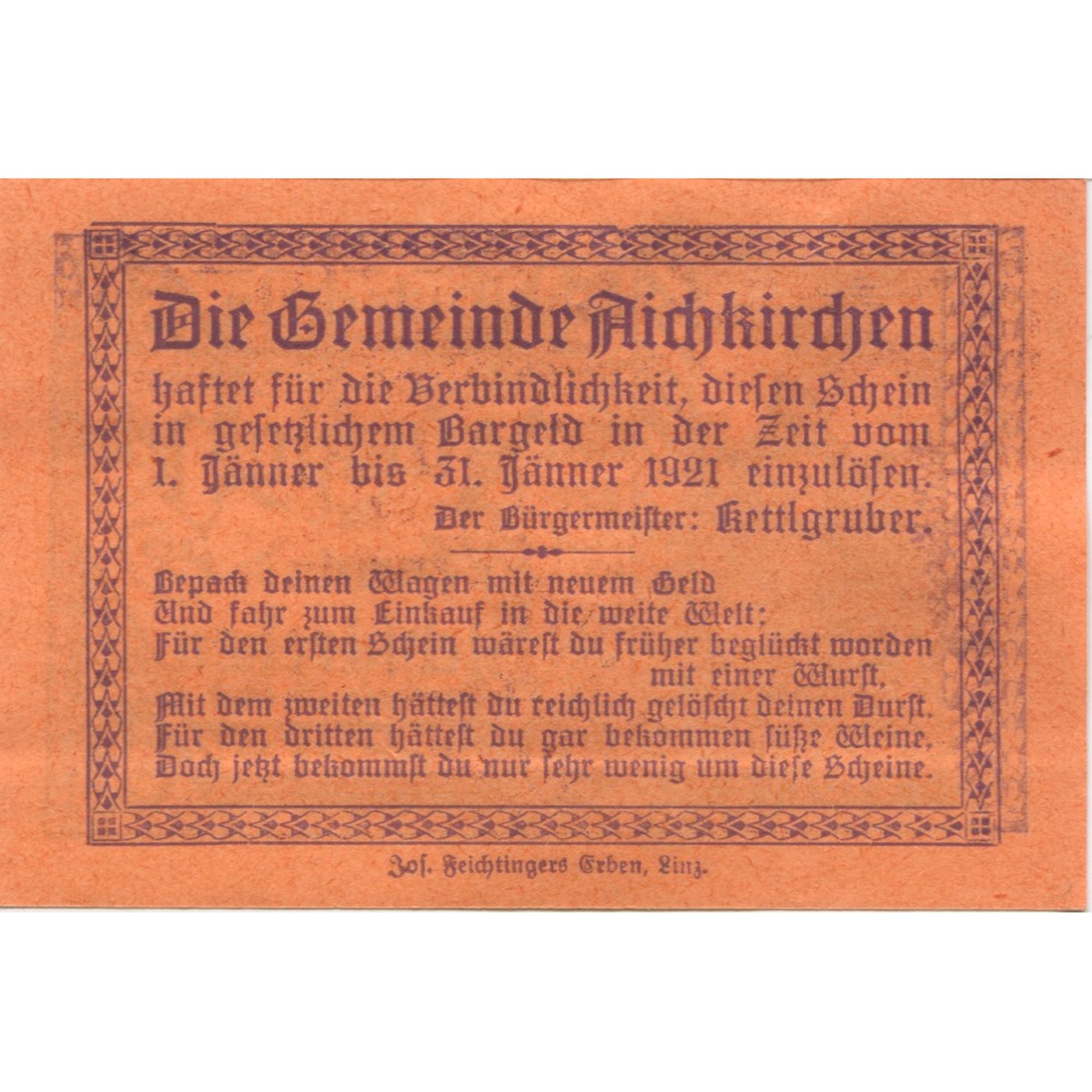 Banknote, Austria, Aichkirchen, 50 Heller, Eglise, 1921 UNC(63) Mehl:FS 11a