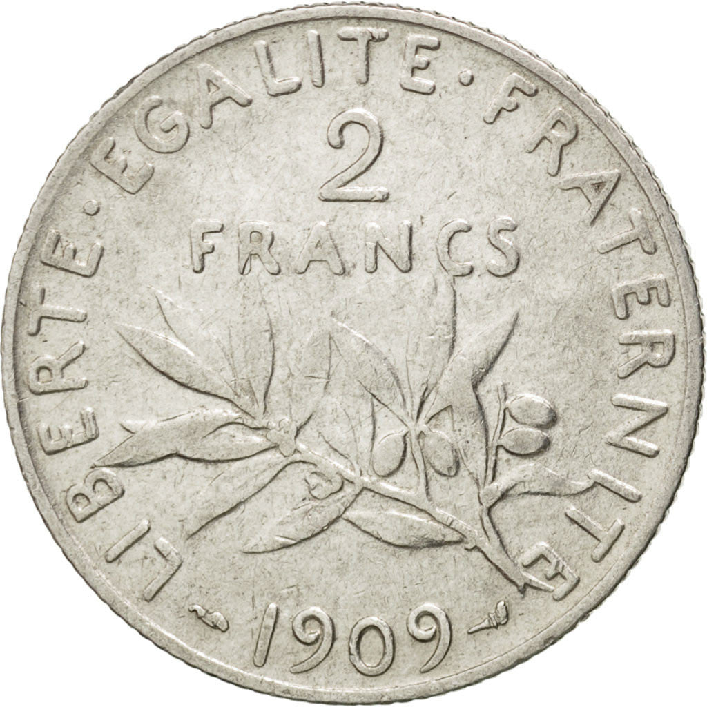 FRANCE, Semeuse, 2 Francs, 1909, Paris, KM #845.1, VF(30-35), Silver, 27,...