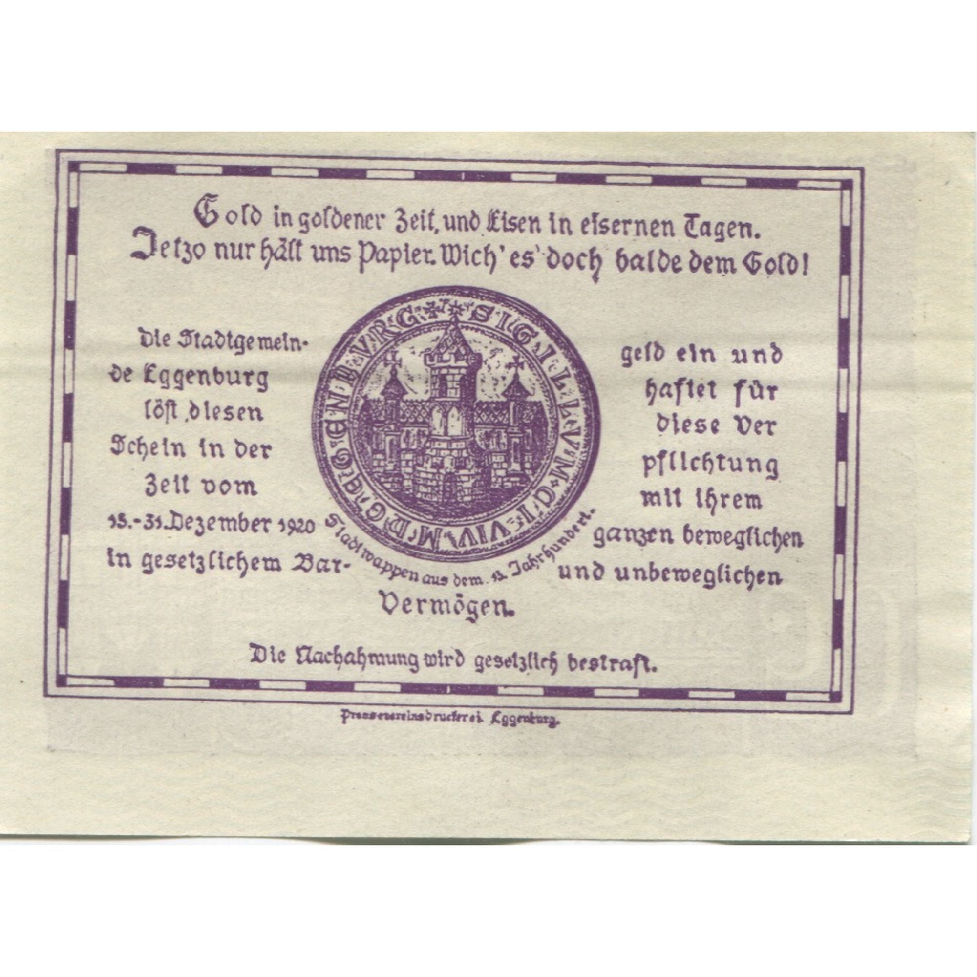 Banknote, Austria, Eggenburg, 50 Heller, château, 1920 UNC(63) Mehl:FS 162b