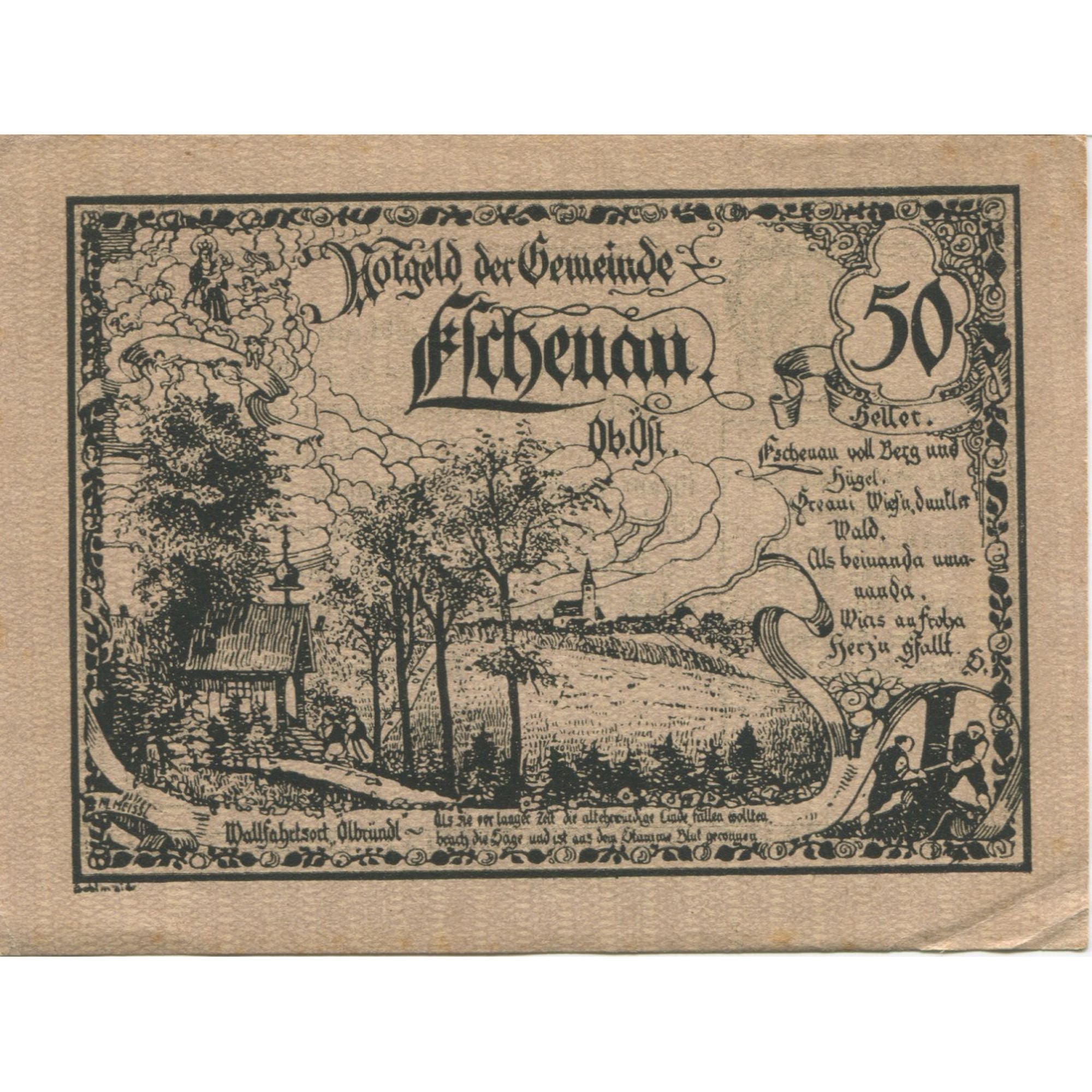 Billet, Autriche, Eschenau, 50 Heller, paysage 1921-03-31, SPL Mehl:FS 187a