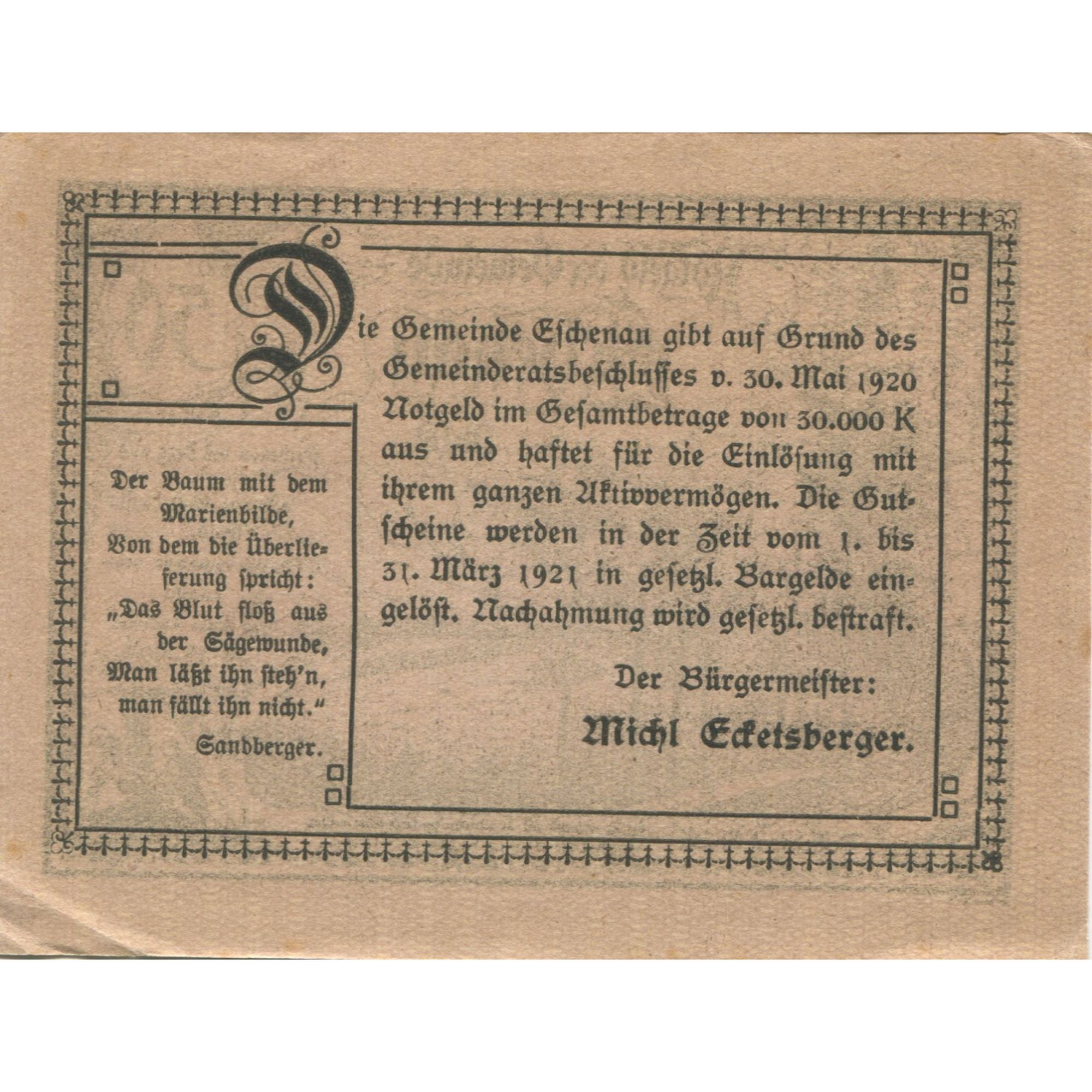 Billet, Autriche, Eschenau, 50 Heller, paysage 1921-03-31, SPL Mehl:FS 187a