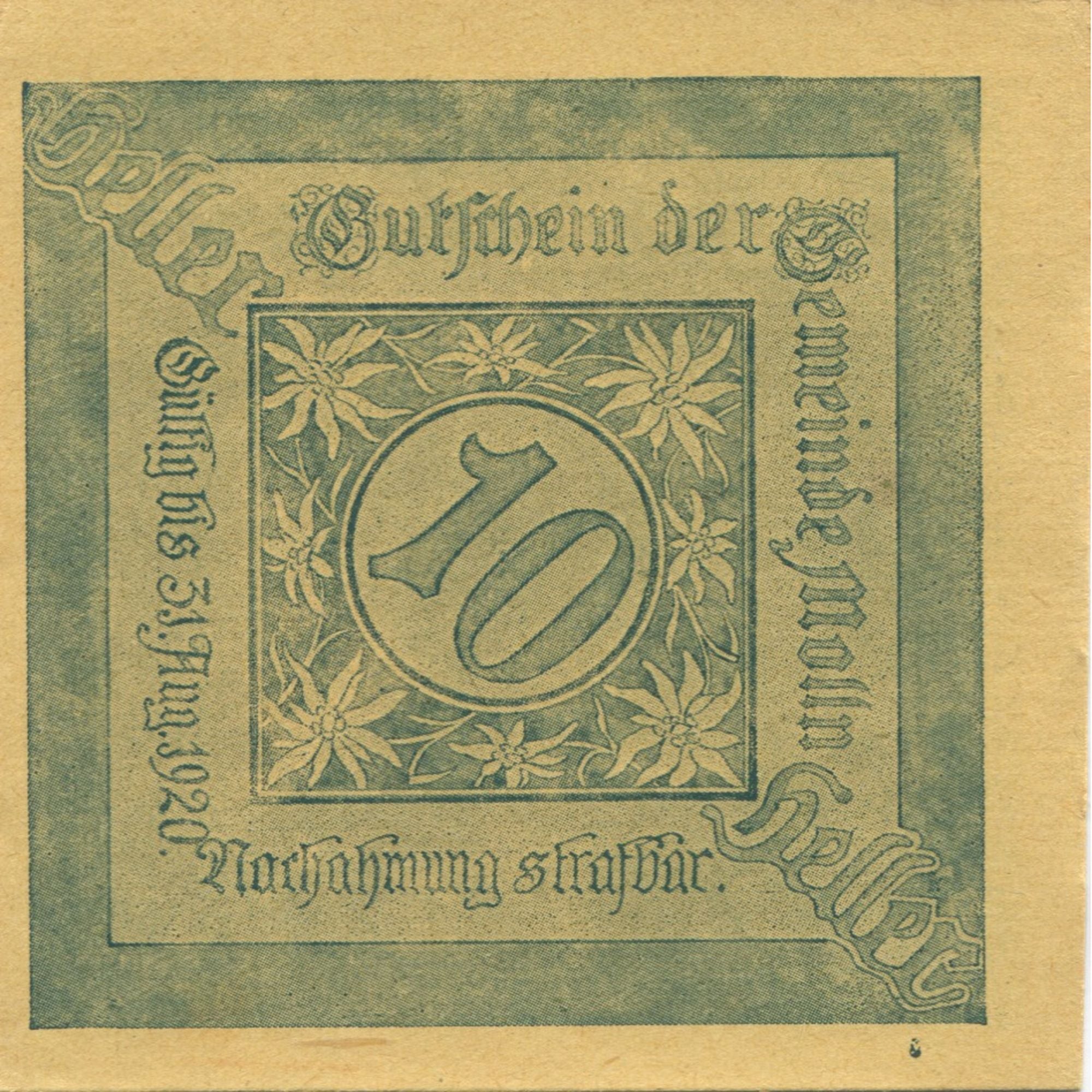 Banknote, Austria, Mölln, 10 Heller, Eglise 1920-08-31, UNC(63), Mehl:FS 625