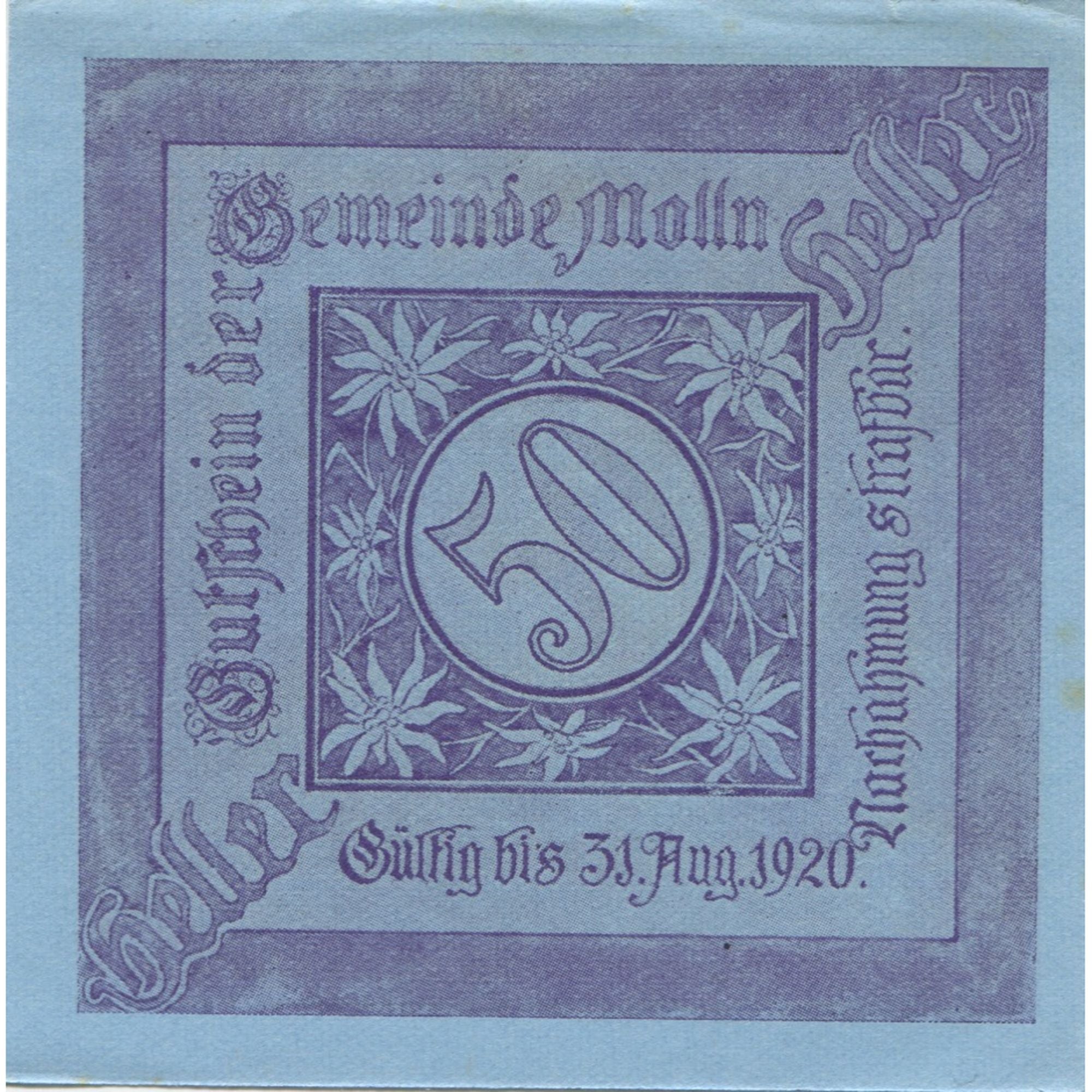 Billet, Autriche, Mölln, 50 Heller, montagne 1920-08-31, SPL, Mehl:FS 625