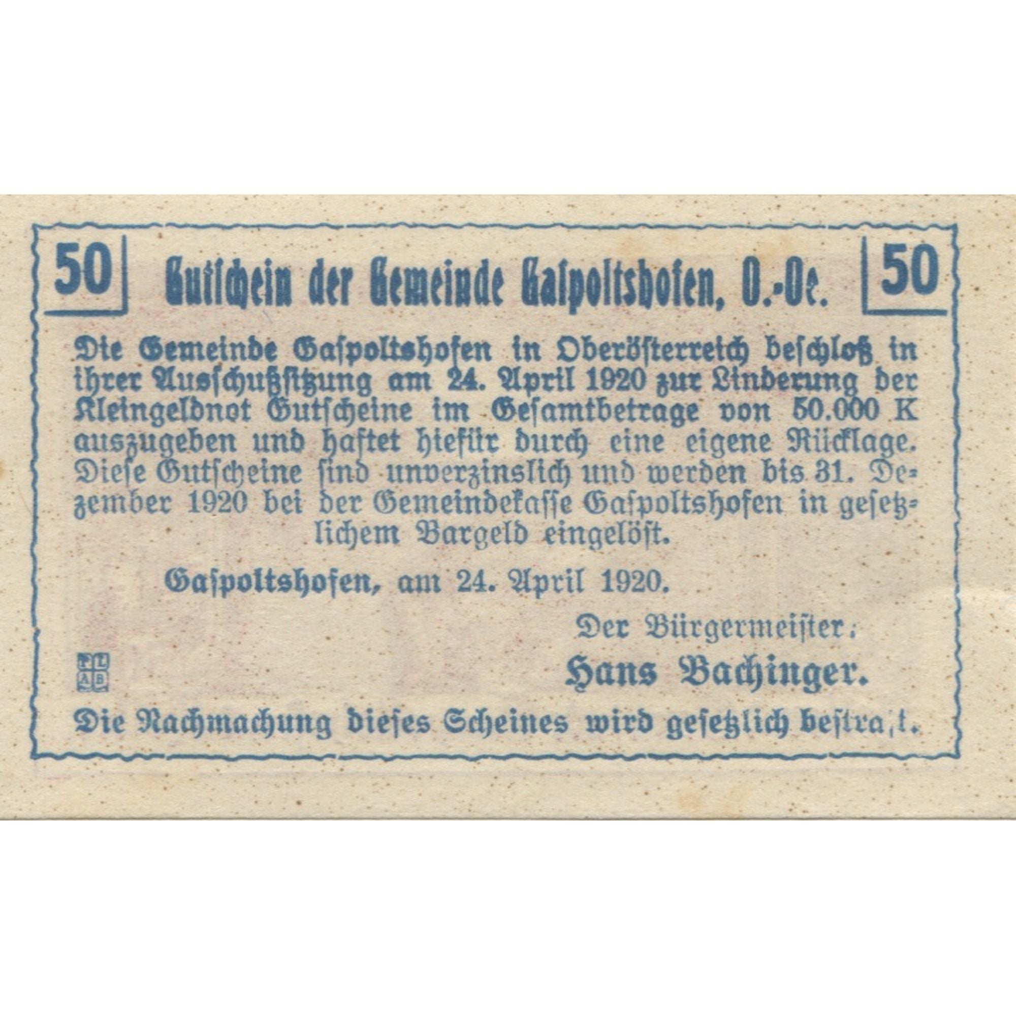 Banknote, Austria, Gaspoltshofen, 50 Heller, champs, 1920 UNC(63) Mehl:FS 225