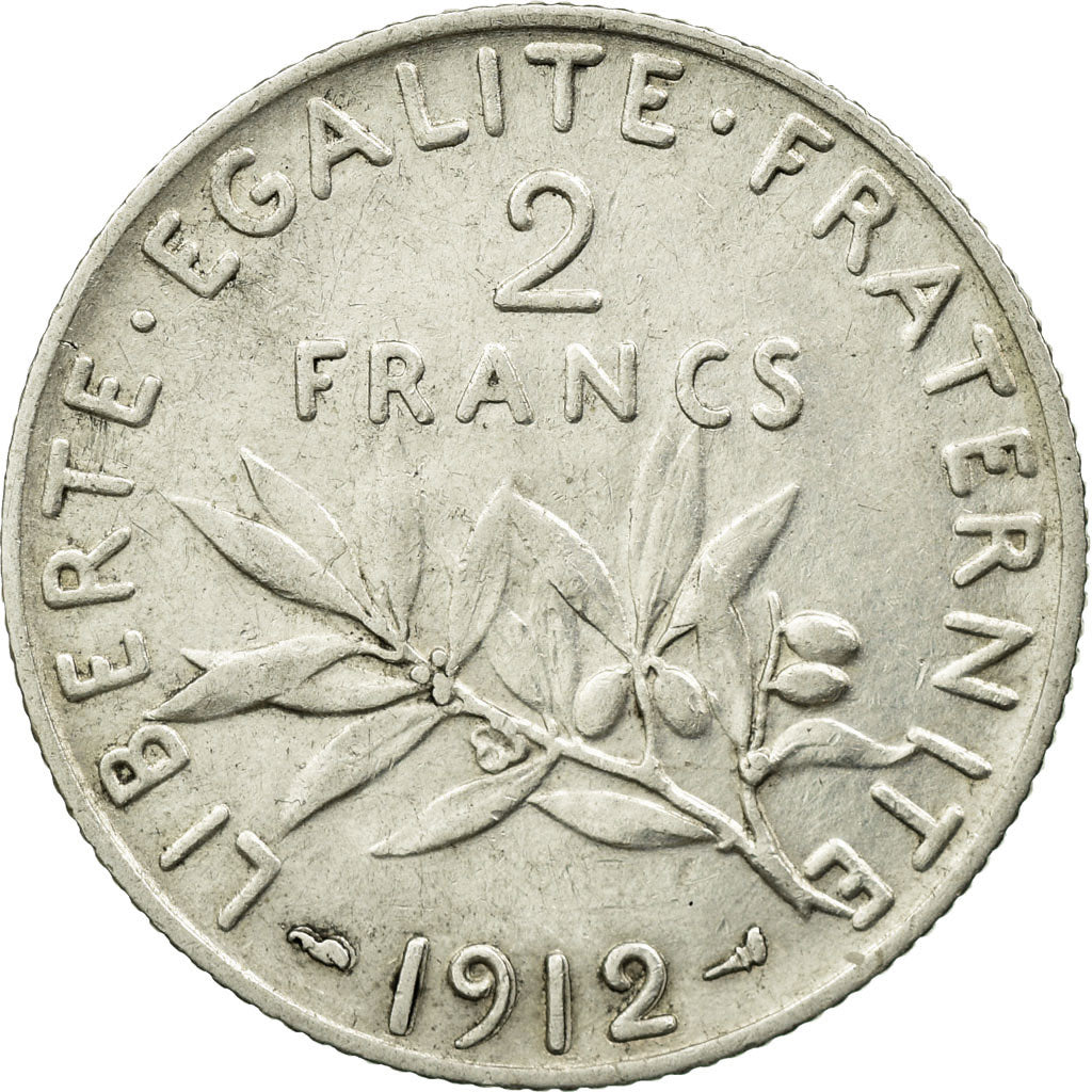 Moneda, Francia, Semeuse, 2 Francs, 1912, MBC+, Plata, KM:845.1, Gadoury:532