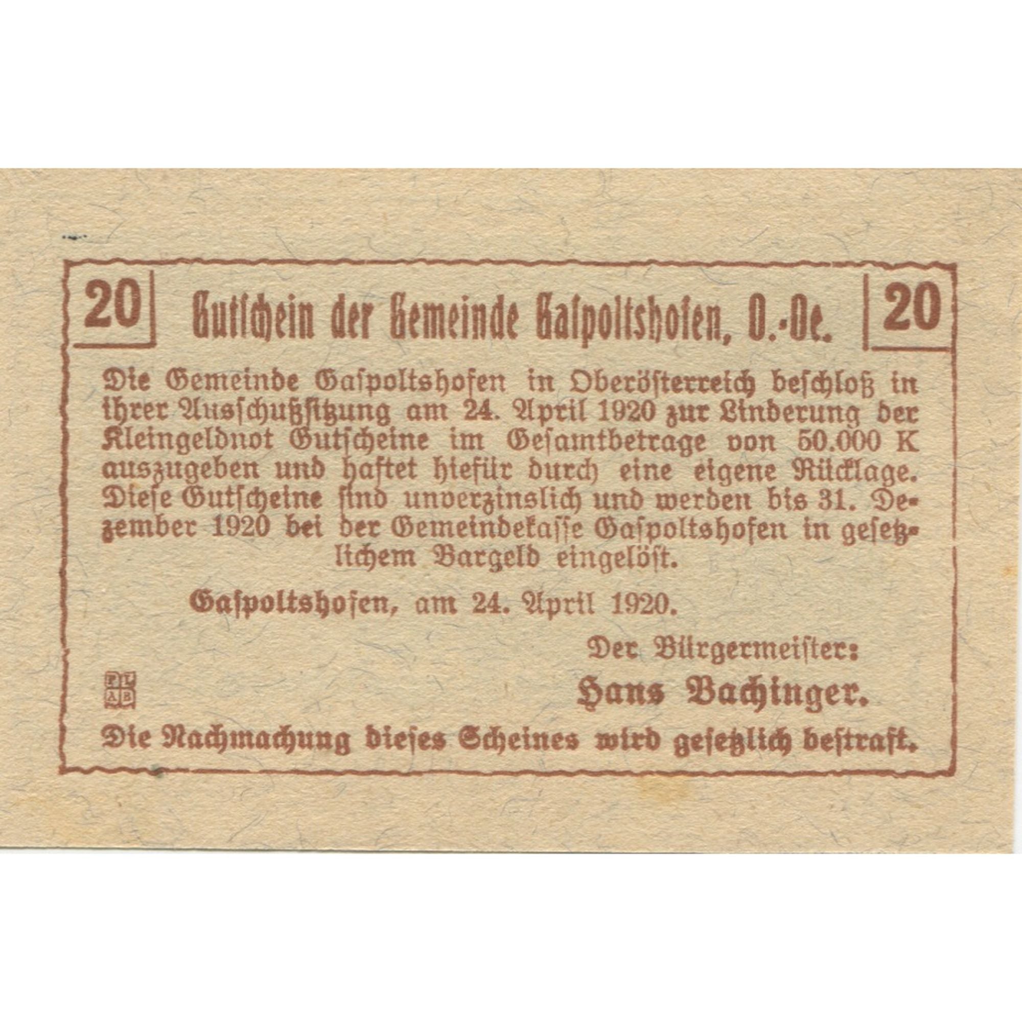 Banknote, Austria, Gaspoltshofen, 20 Heller, paysage, 1920 UNC(63) Mehl:FS 225