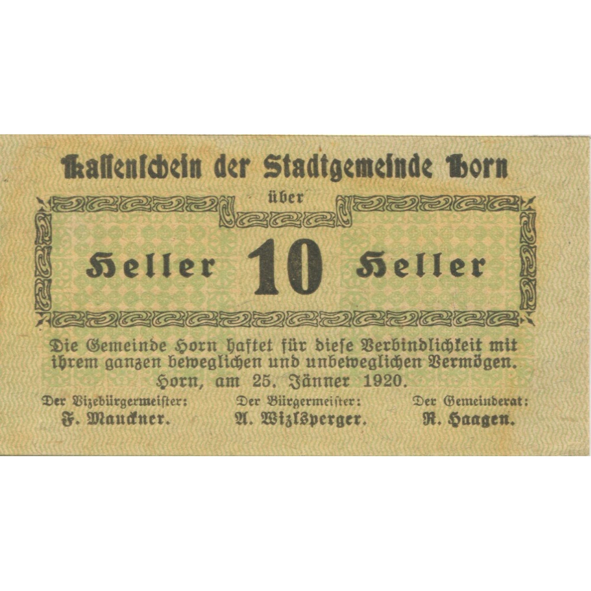 Banknote, Austria, Horn, 10 Heller, Texte 1920-07-31, UNC(63), Mehl:FS 397
