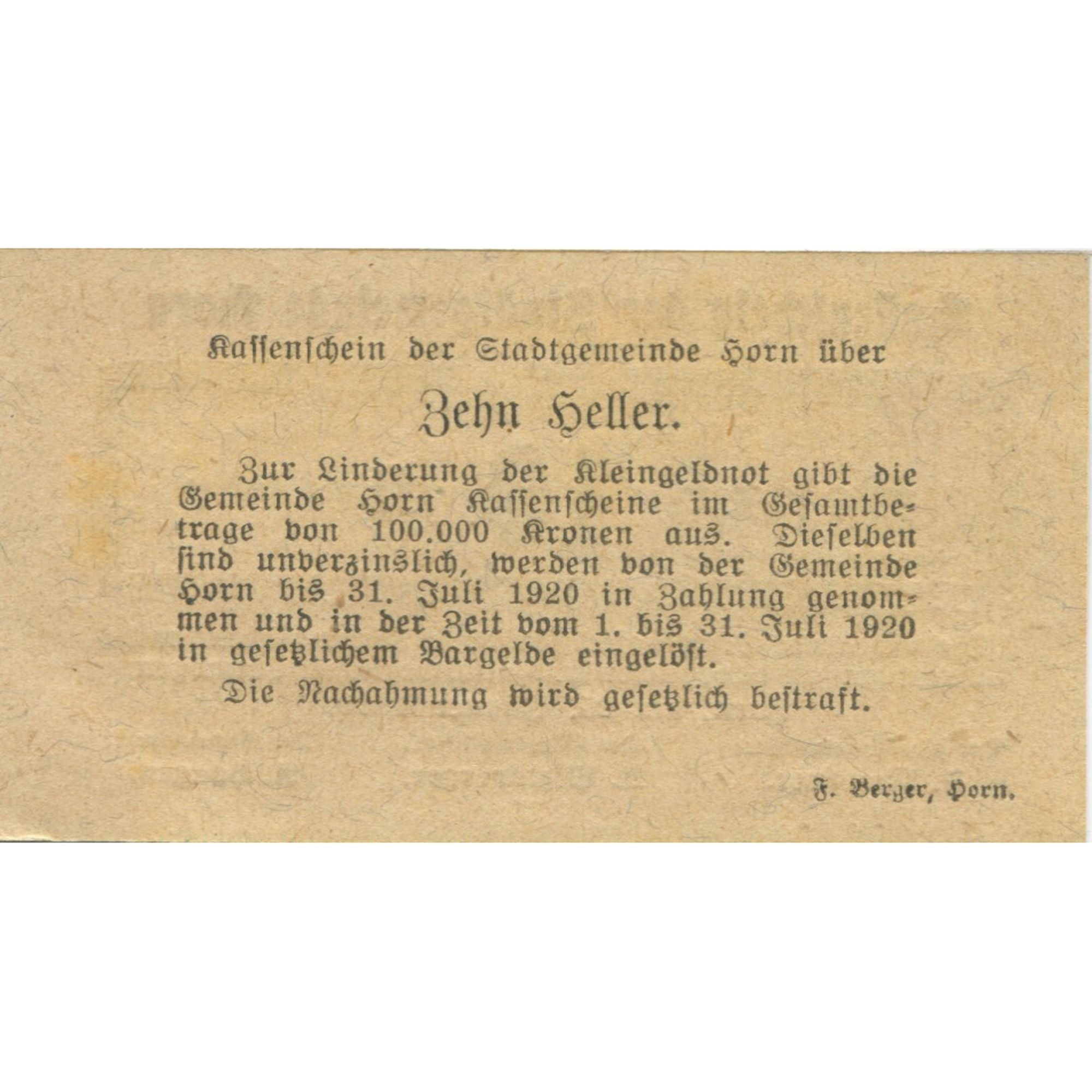 Banknote, Austria, Horn, 10 Heller, Texte 1920-07-31, UNC(63), Mehl:FS 397