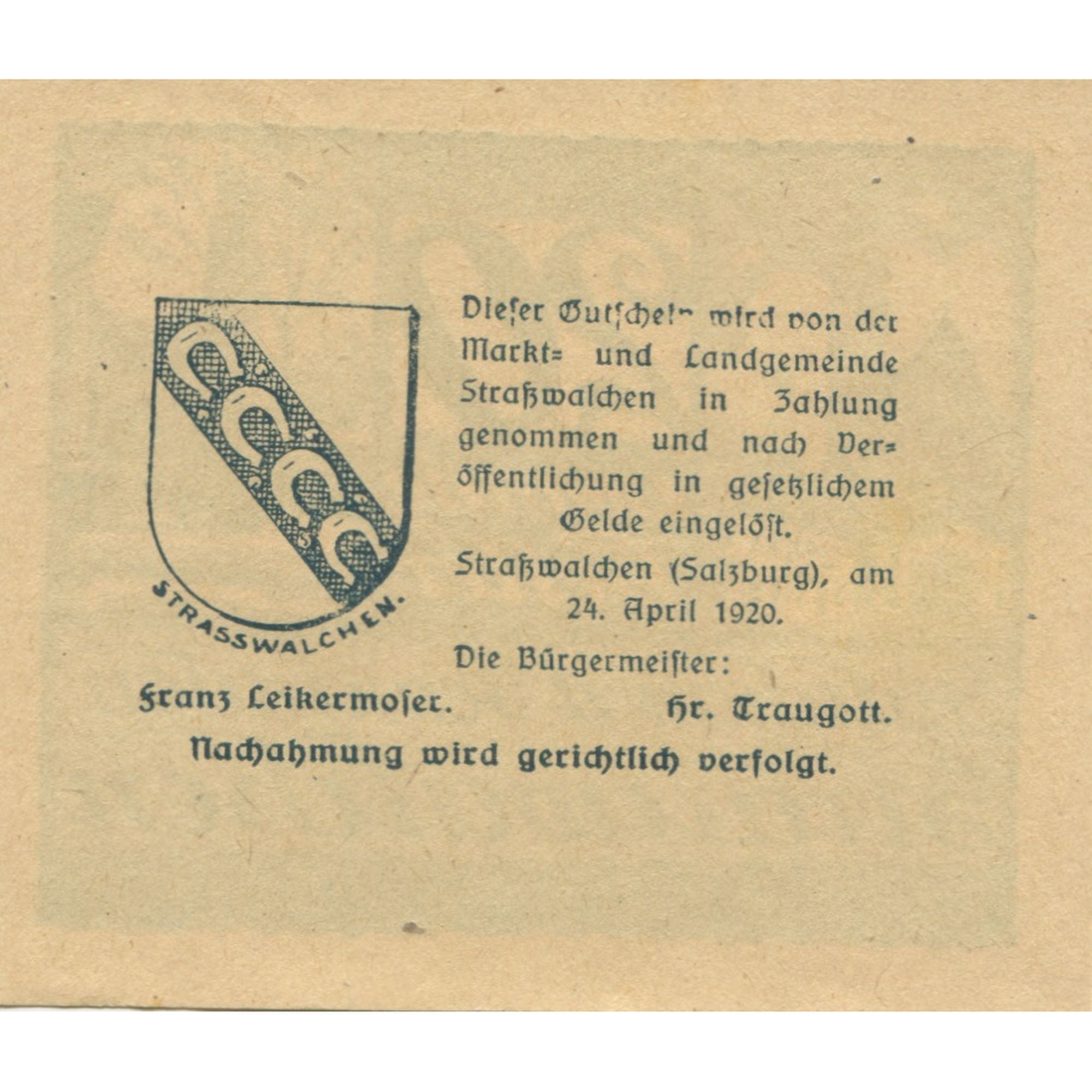 Banknote Austria Strasswalchen 20 Heller Monument 1920, UNC(63), Mehl:FS 1047a