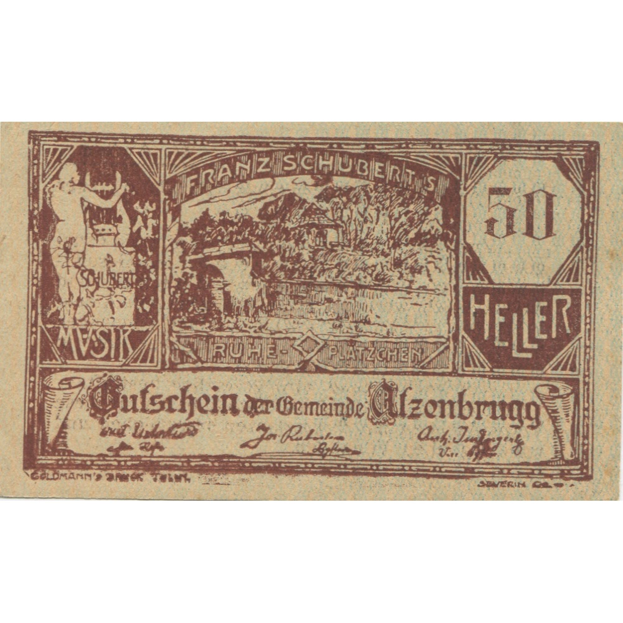 Banknote, Austria, Atzenbrugg, 50 Heller personnage, 1920 UNC(63) Mehl:FS 63IIaA