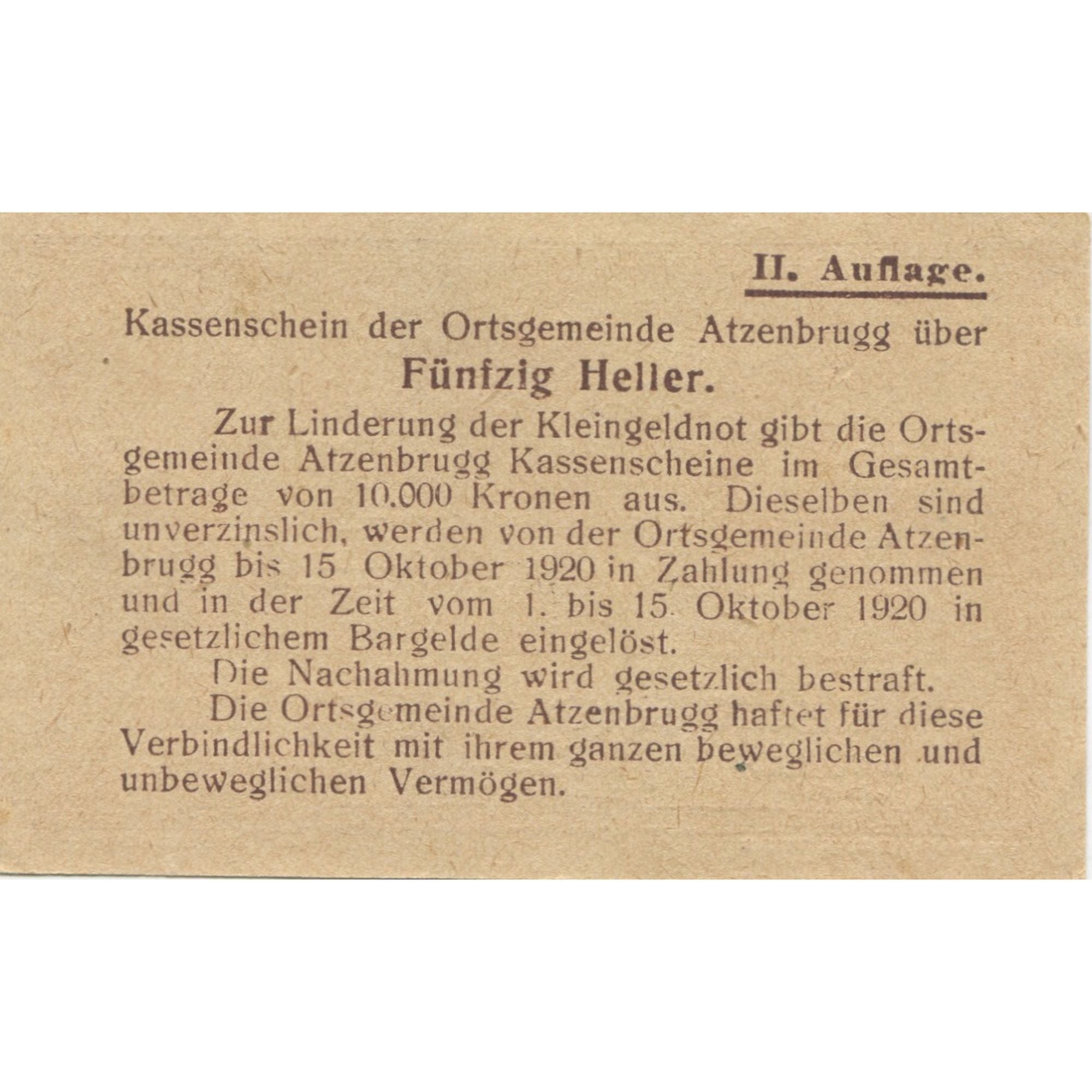 Banknote, Austria, Atzenbrugg, 50 Heller personnage, 1920 UNC(63) Mehl:FS 63IIaA