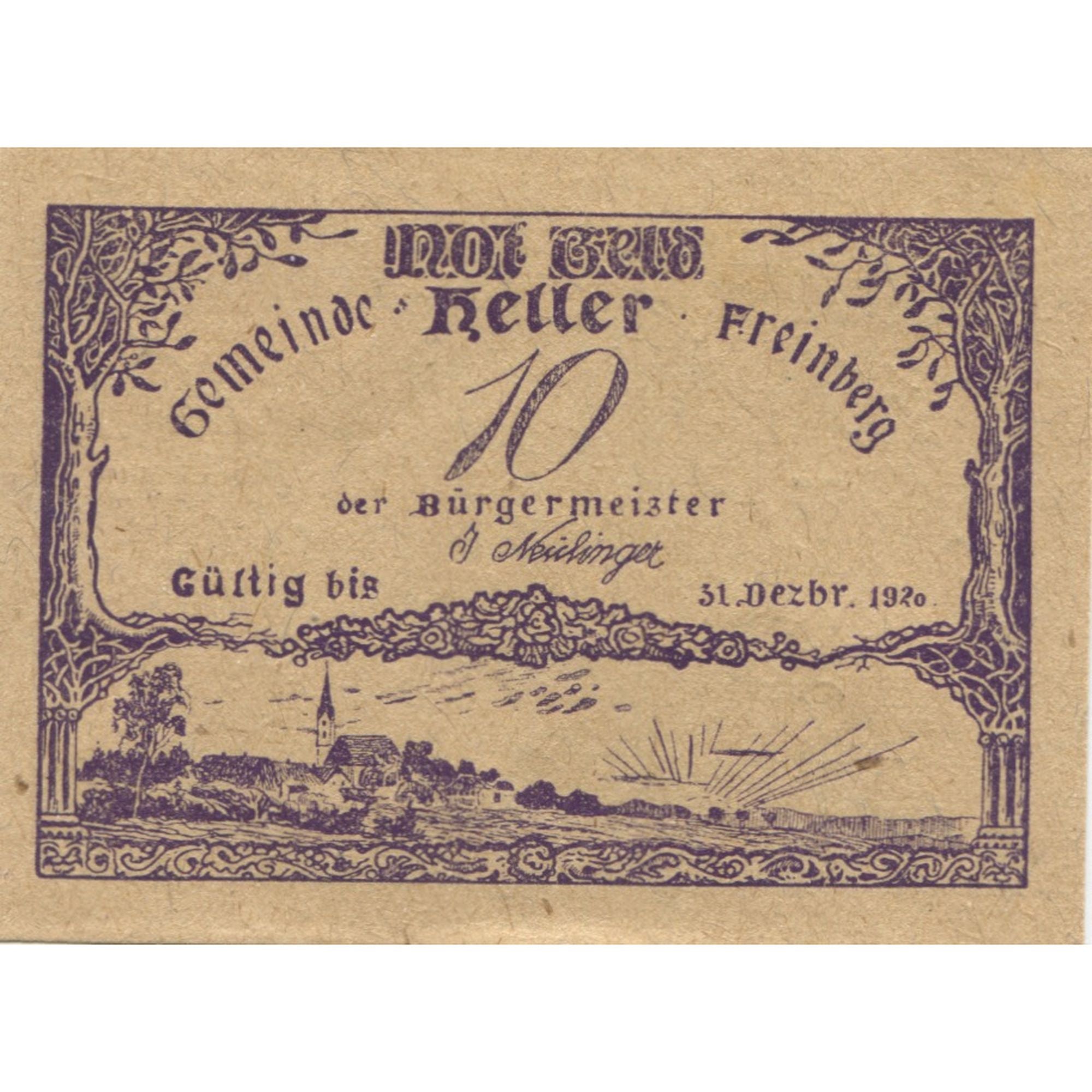 Banknote, Austria, Freinberg, 10 Heller, paysage, 1920 UNC(63) Mehl:FS 211Ib