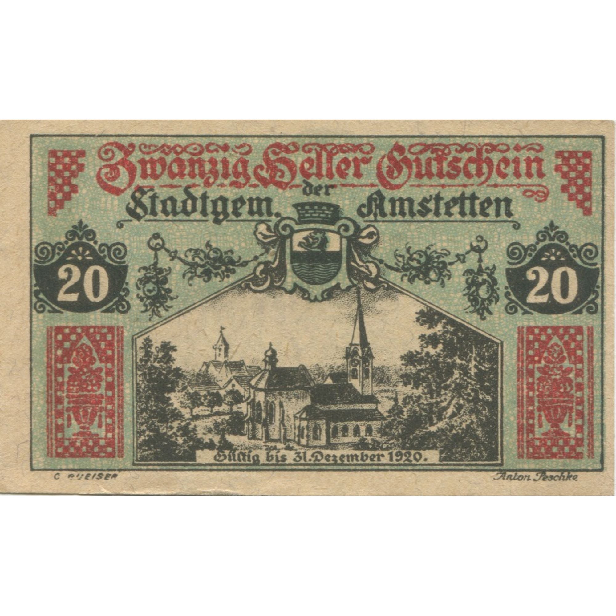 Banknote, Austria, Amstetten, 20 Heller, village, 1920 UNC(63) Mehl:FS 37II