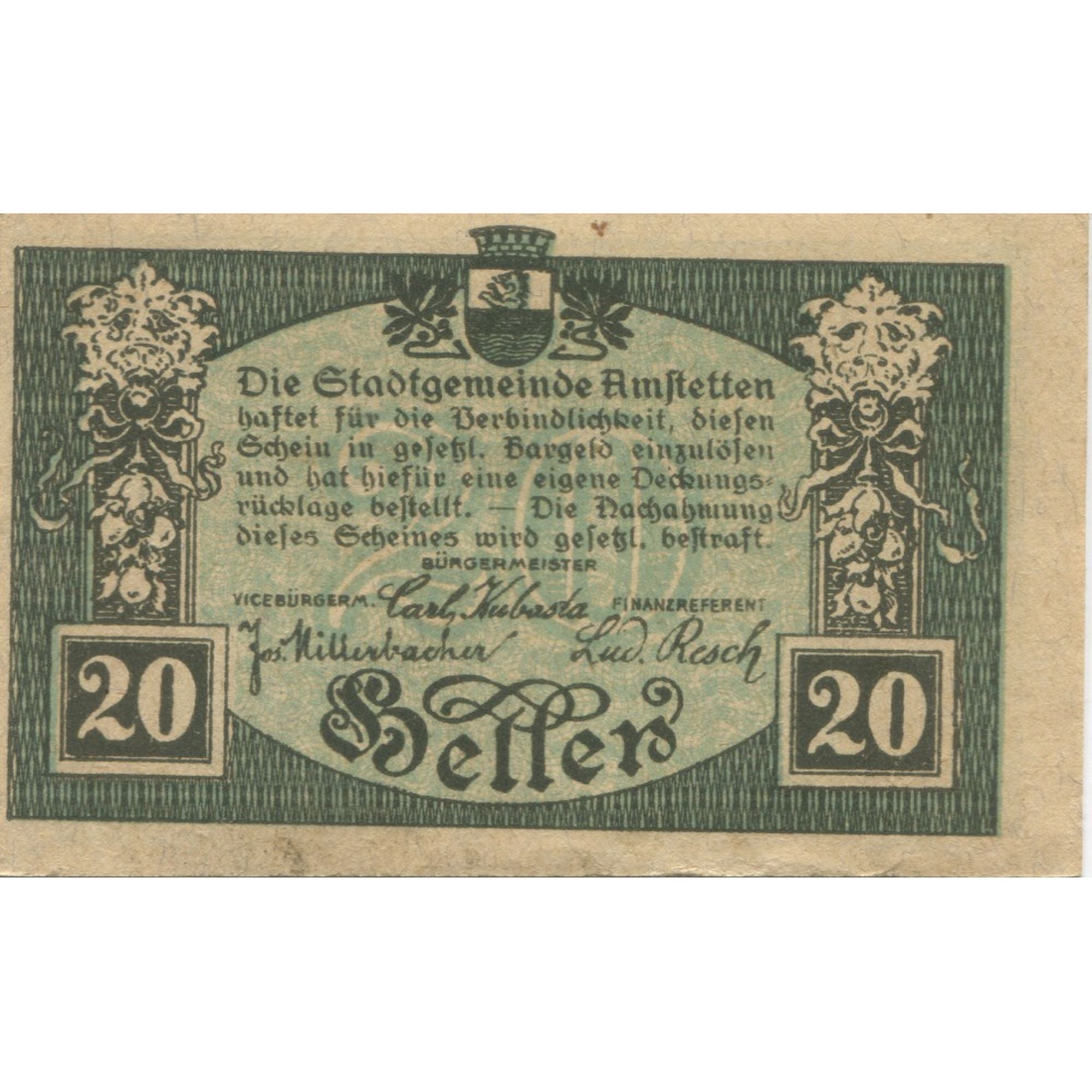 Banknote, Austria, Amstetten, 20 Heller, village, 1920 UNC(63) Mehl:FS 37II