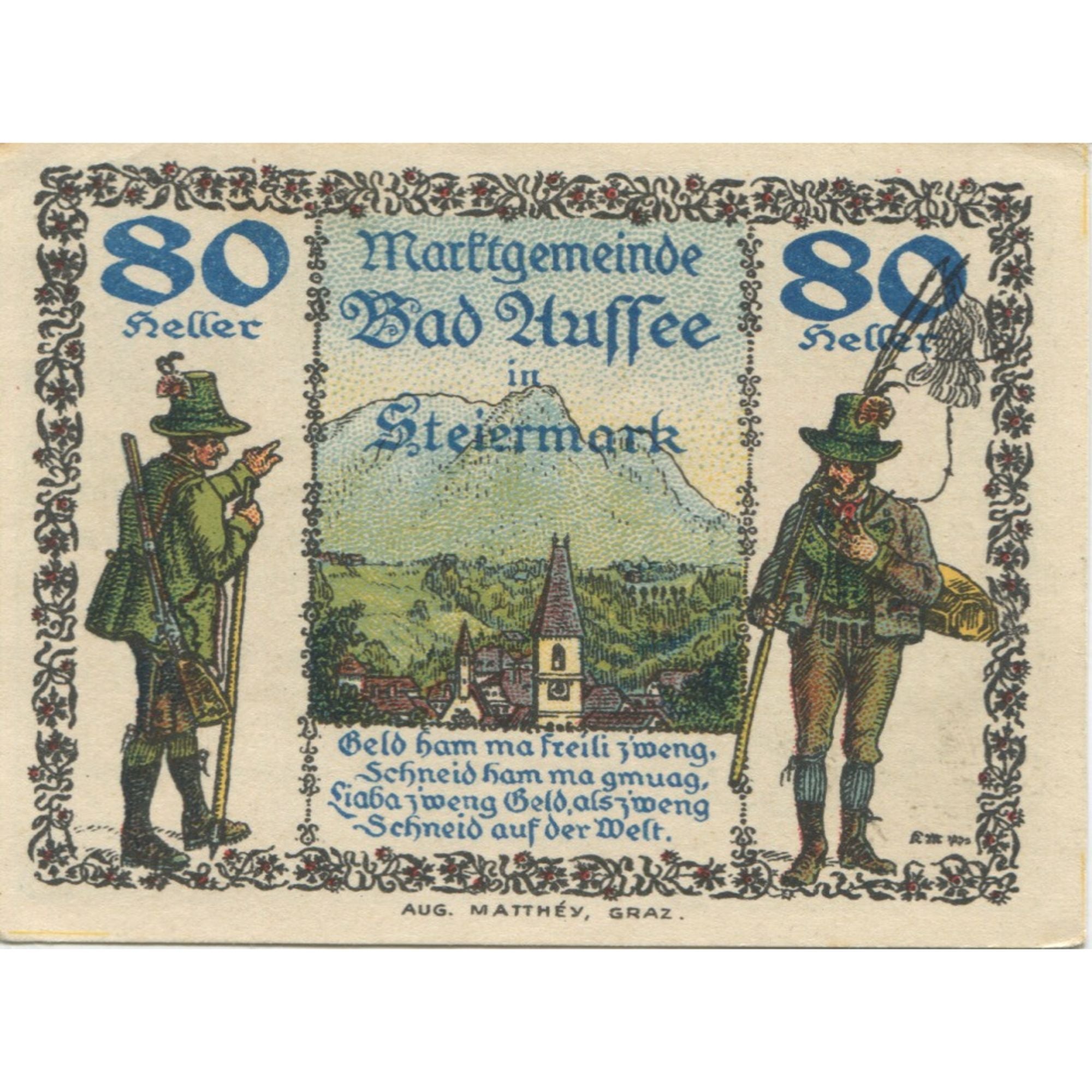 Banknote, Austria, Bad Aussee, 80 Heller, montagne, 1920 UNC(63) Mehl:FS 73