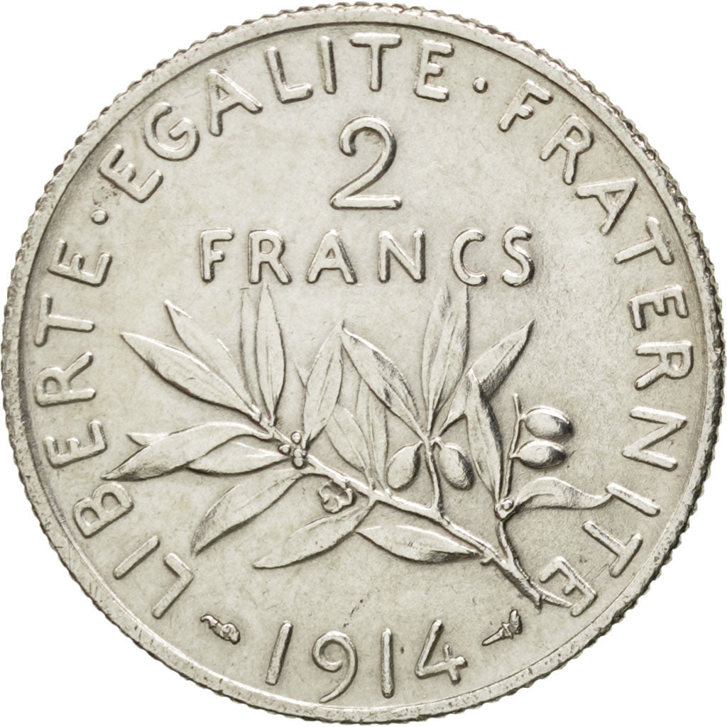 FRANCE, Semeuse, 2 Francs, 1914, Paris, KM #845.1, AU(55-58), Silver, 27,...