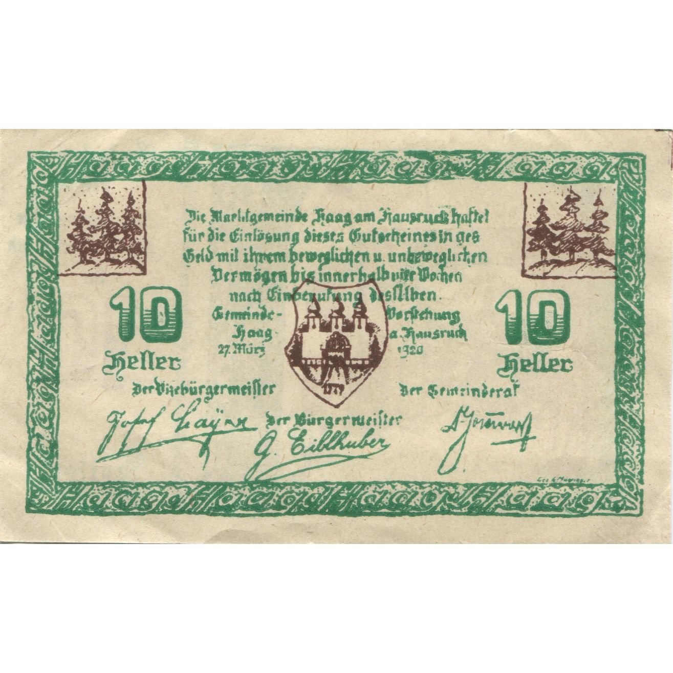 Biljet, Oostenrijk, Haag, 10 Heller, Blason, 1920, SUP, Mehl:FS 322a