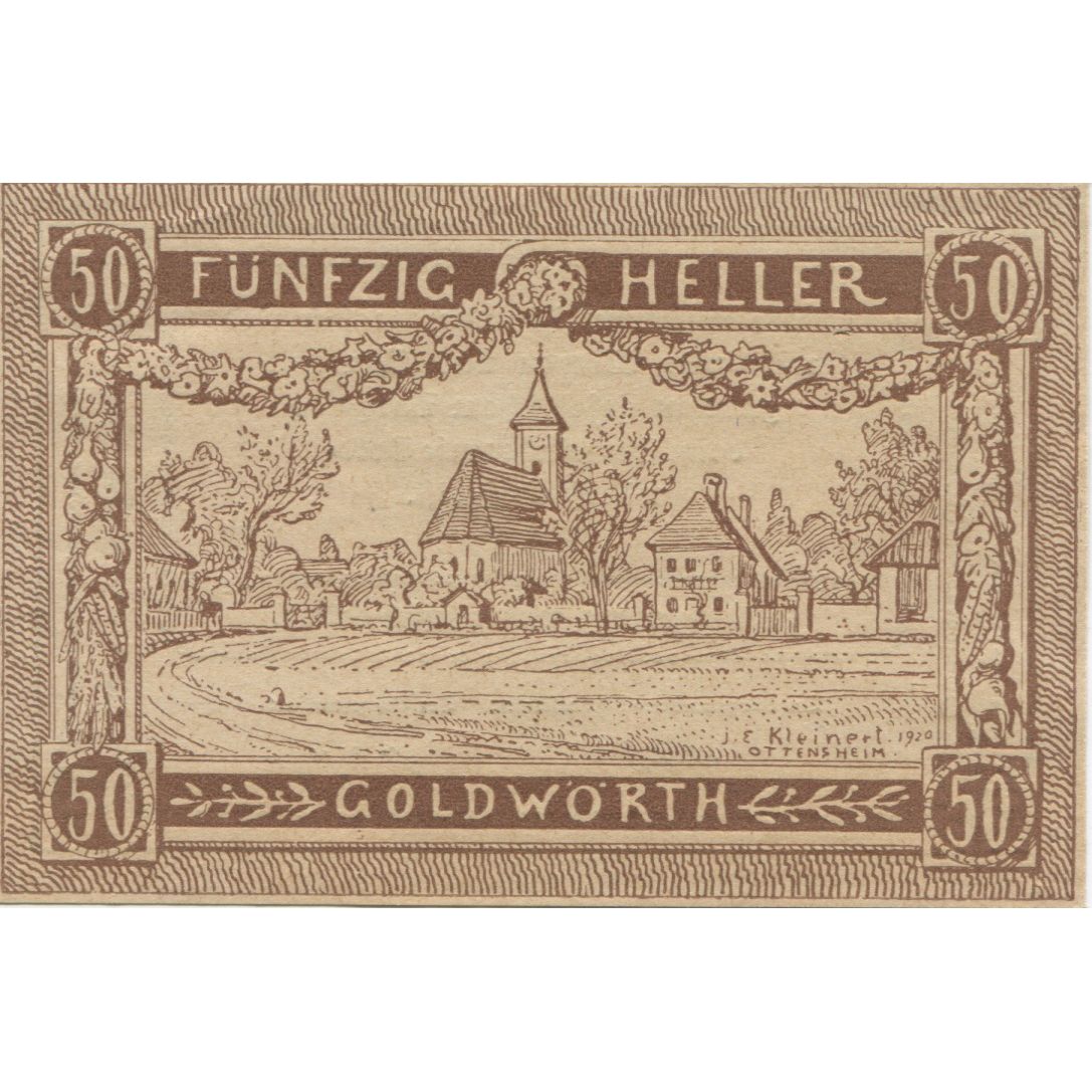 Banknote, Austria, Goldwörth, 50 Heller, Eglise, 1920, UNC(63), Mehl:FS 248a