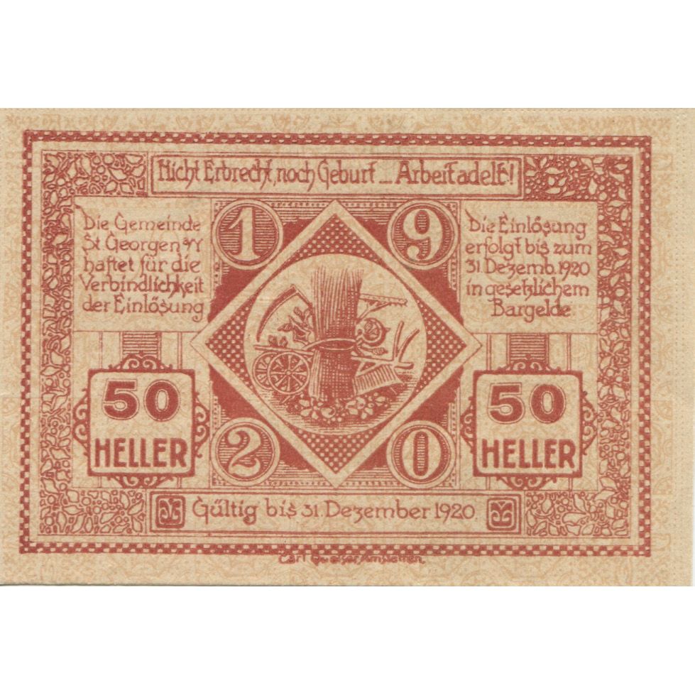 Banknote, Austria, St Georgen, 50 Heller, chevalier, 1920 UNC(63) Mehl:FS 885I