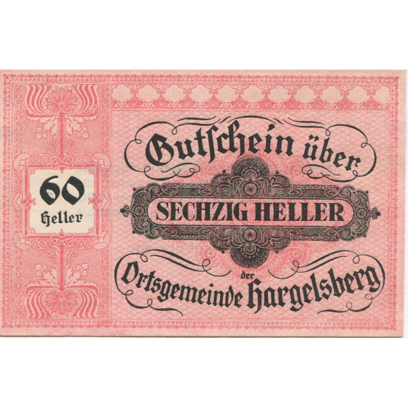 Banknote, Austria, Hargelsberg, 60 Heller, Texte, 1920, UNC(63) Mehl:FS 349IIa