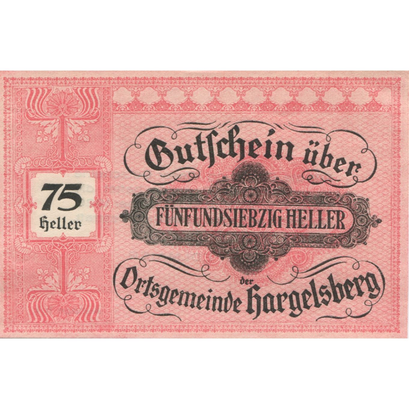 Banknote, Austria, Hargelsberg, 75 Heller, Texte, 1920, UNC(63) Mehl:FS 349IIa