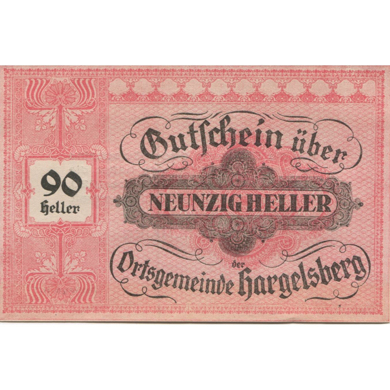 Banknote, Austria, Hargelsberg, 90 Heller, Texte, 1920 UNC(63) Mehl:FS 349IIa
