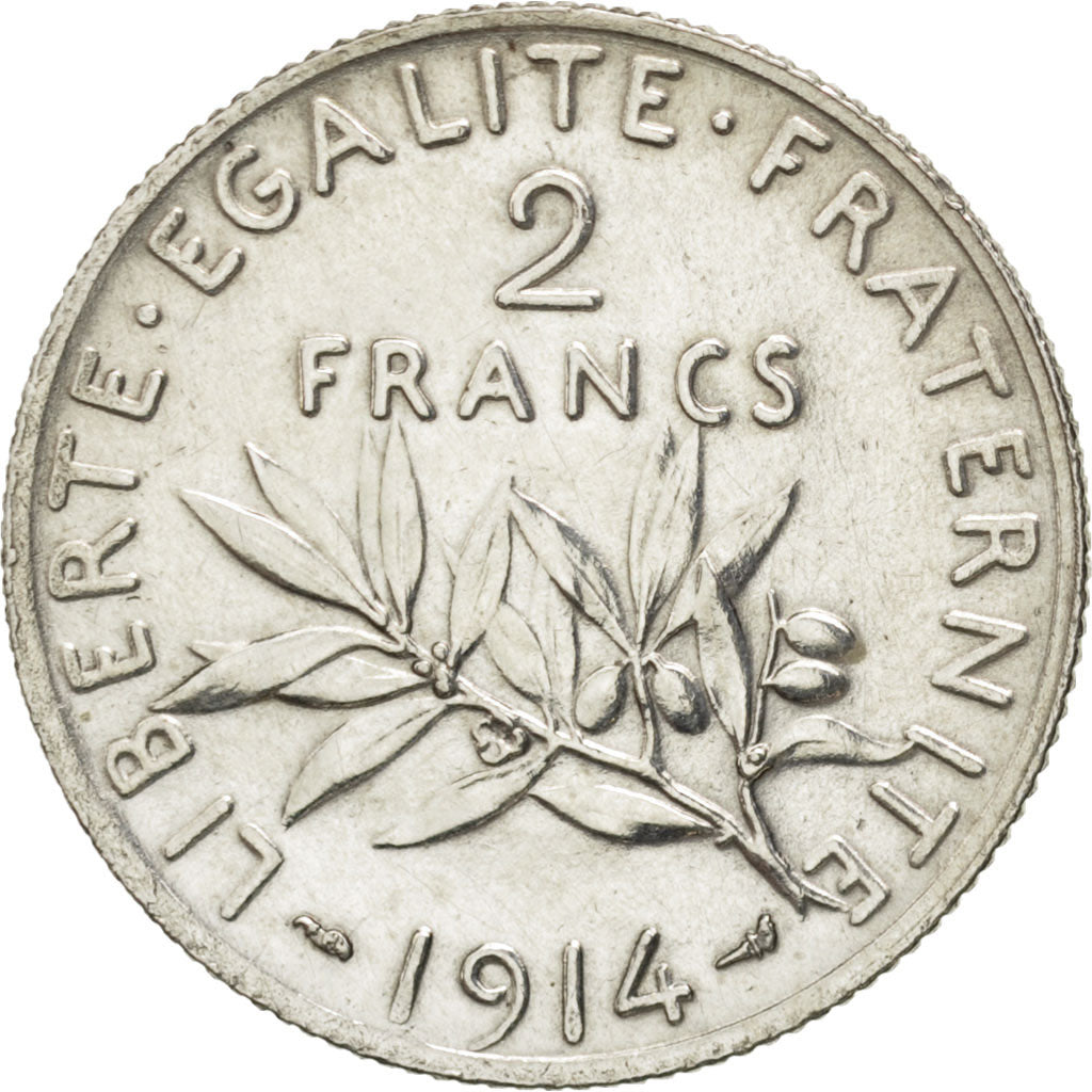 FRANCE, Semeuse, 2 Francs, 1914, Paris, KM #845.1, AU(55-58), Silver, 27,...