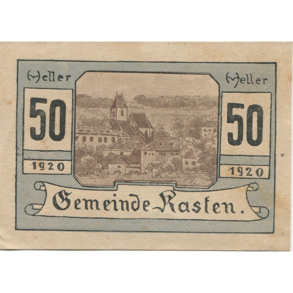 Billet, Autriche, Kasten, 50 Heller, village 1920-12-31, SUP, Mehl:FS 428c
