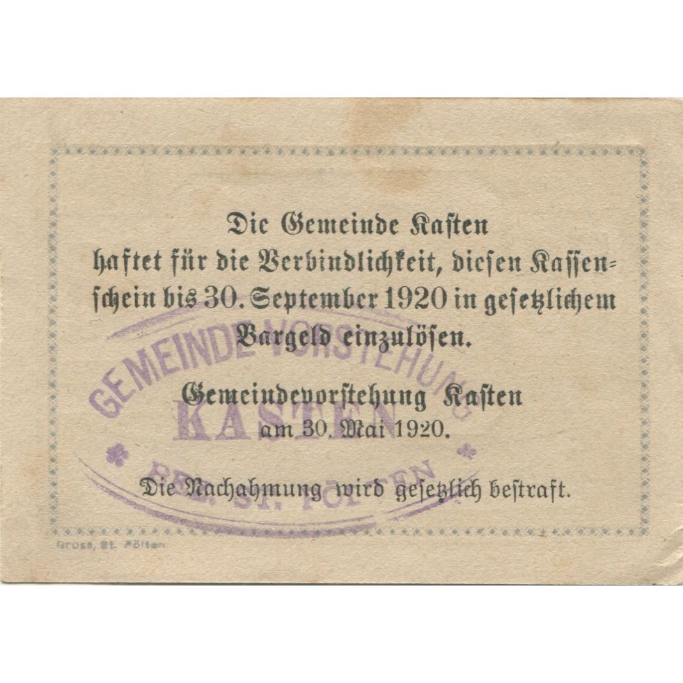 Billet, Autriche, Kasten, 50 Heller, village 1920-12-31, SUP, Mehl:FS 428c