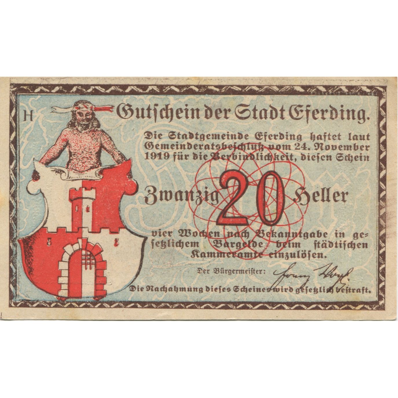 Geldschein, Österreich, Eferding, 20 Heller, Blason, 1919, VZ+, Mehl:FS 152