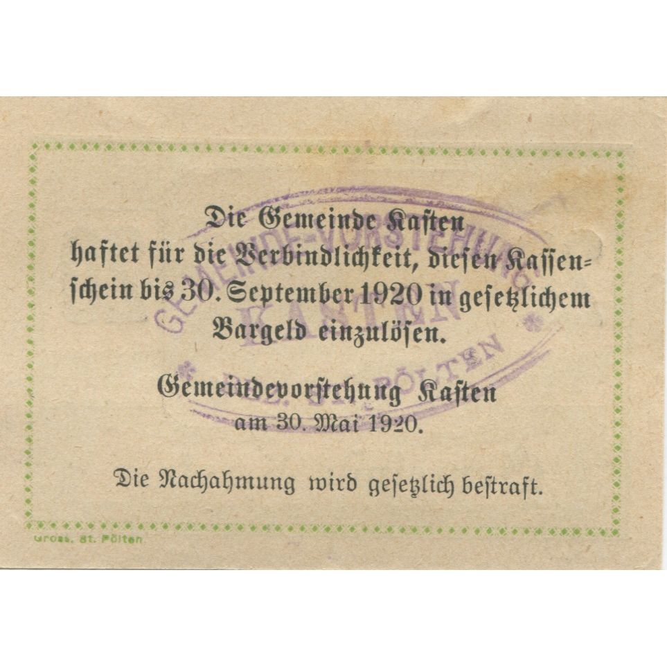 Banknote, Austria, Kasten, 20 Heller, village, 1920 AU(55-58) Mehl:FS 428c