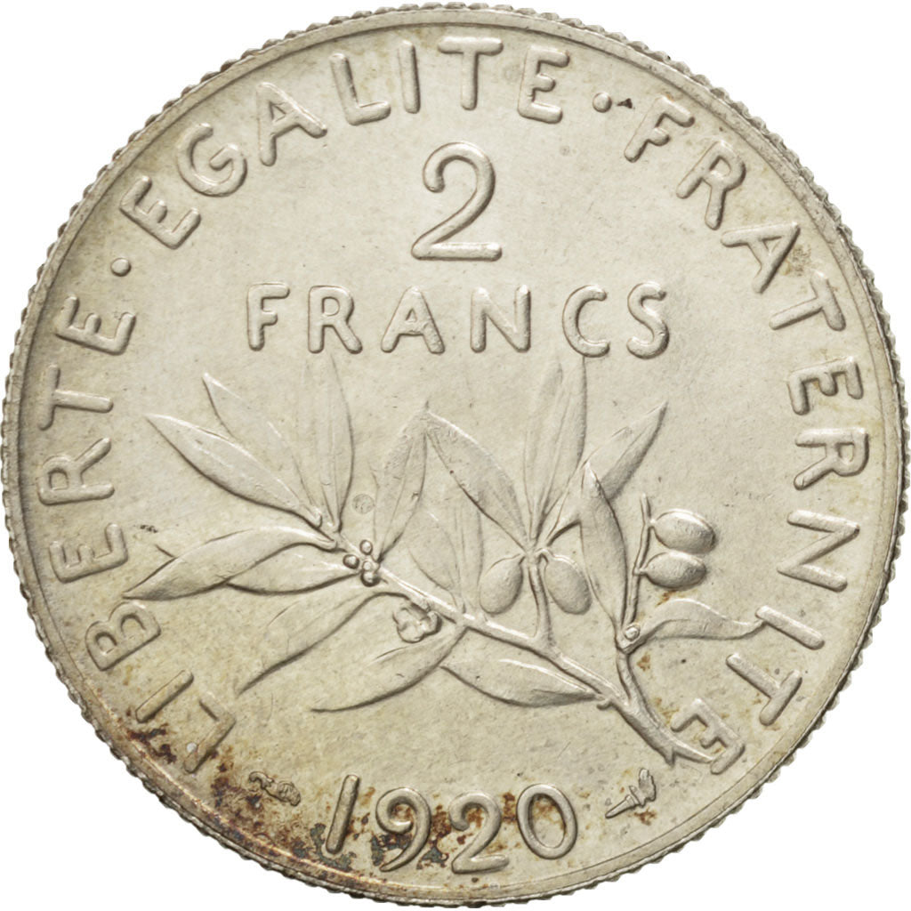 FRANCE, Semeuse, 2 Francs, 1920, Paris, KM #845.1, AU(55-58), Silver, 27,...