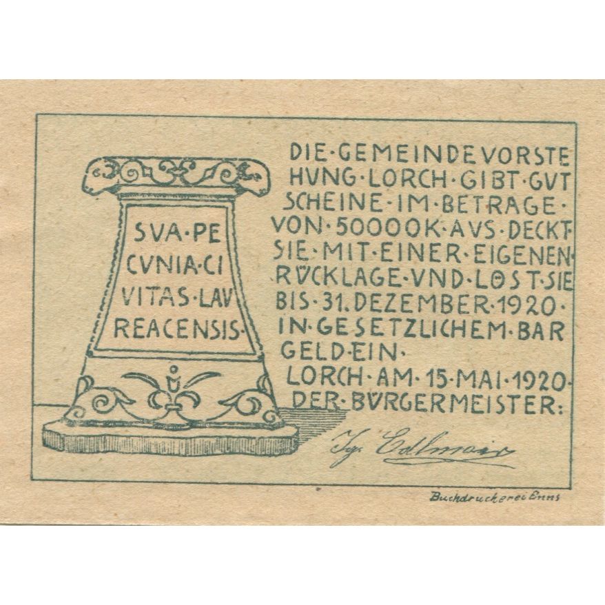 Banknote, Austria, Lorch, 20 Heller, Monument, 1920 UNC(63) Mehl:FS 564a
