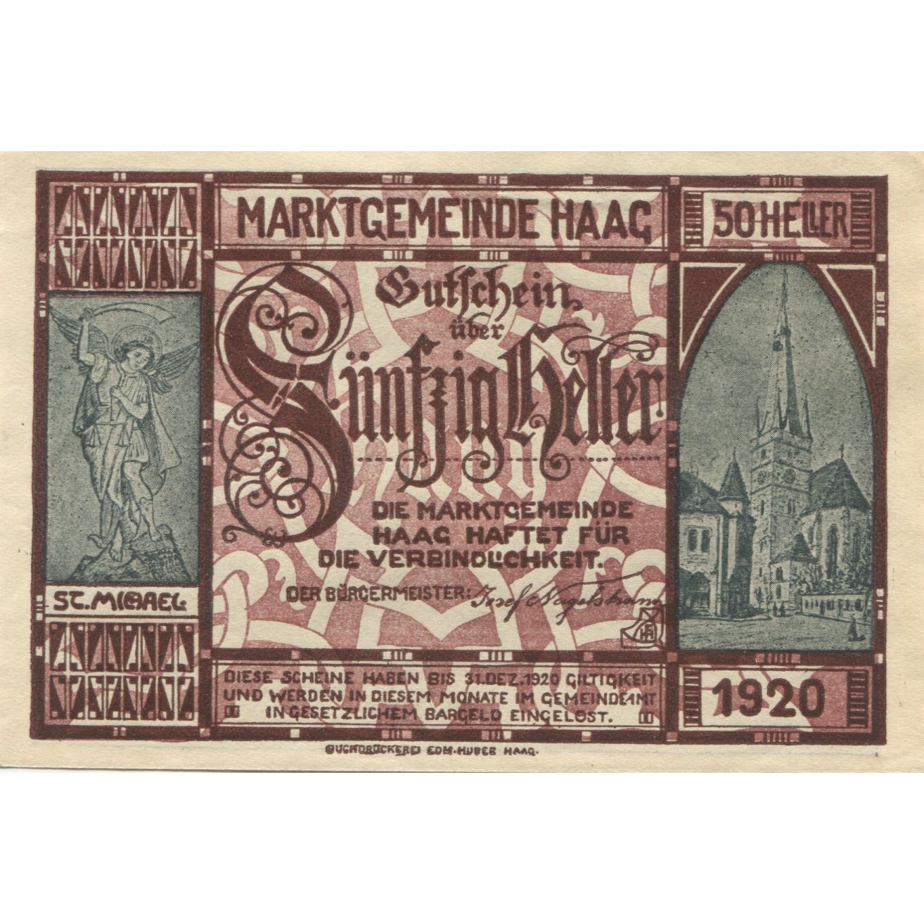 Biljet, Oostenrijk, Haag, 50 Heller, Eglise, 1920-12-31, SPL, Mehl:FS 318VIb