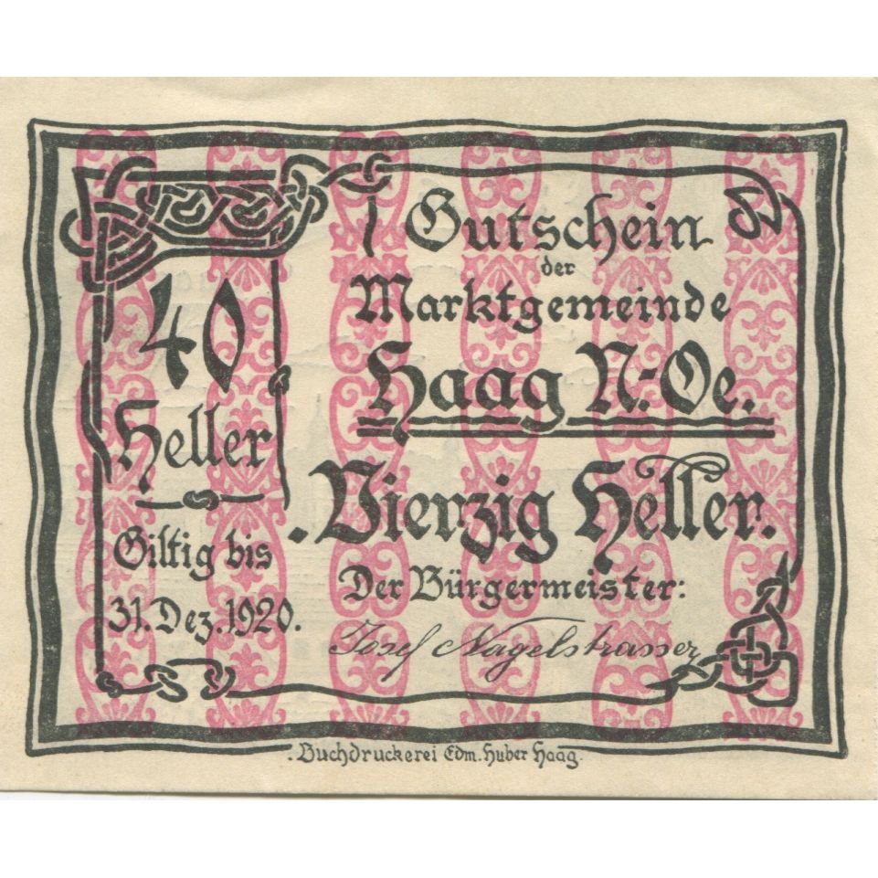 Banknote, Austria, Haag, 40 Heller, village 1920-12-31, UNC(63) Mehl:FS 318VIb