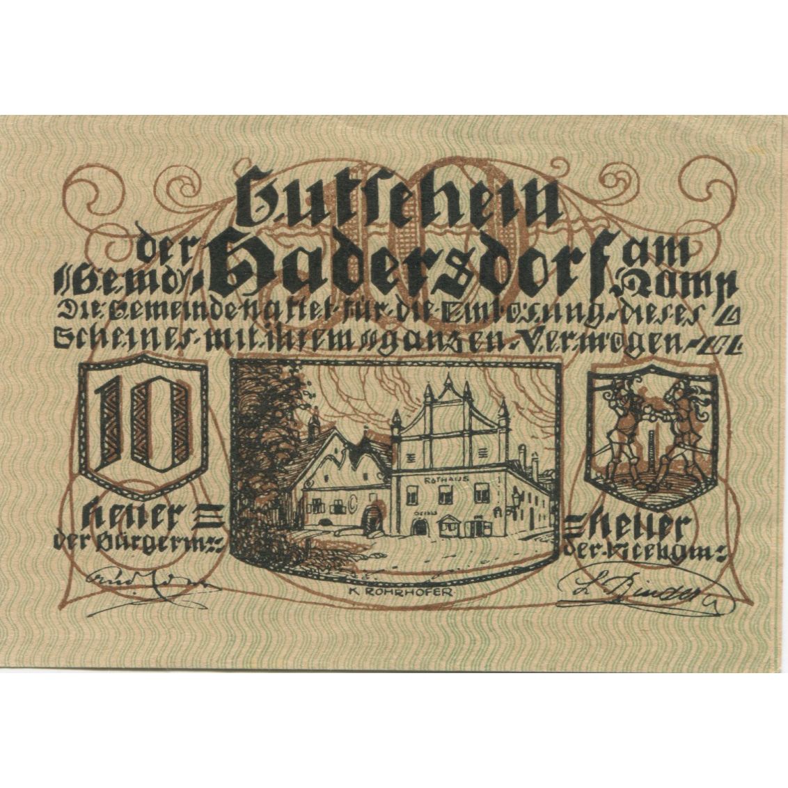 Billete, Austria, Hadersdorf, 10 Heller, château 1920-12-31, EBC+ Mehl:FS 324b