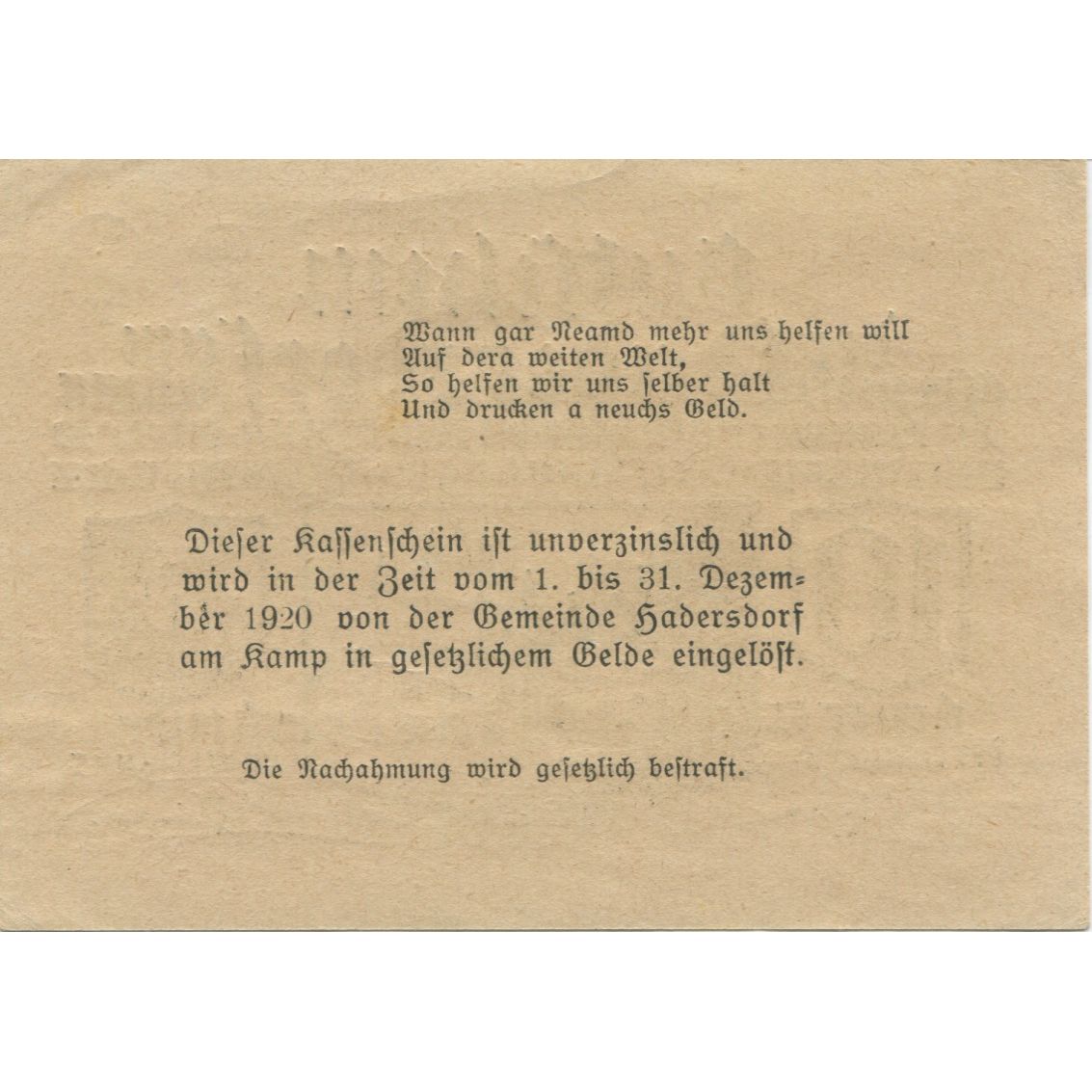 Billete, Austria, Hadersdorf, 10 Heller, château 1920-12-31, EBC+ Mehl:FS 324b