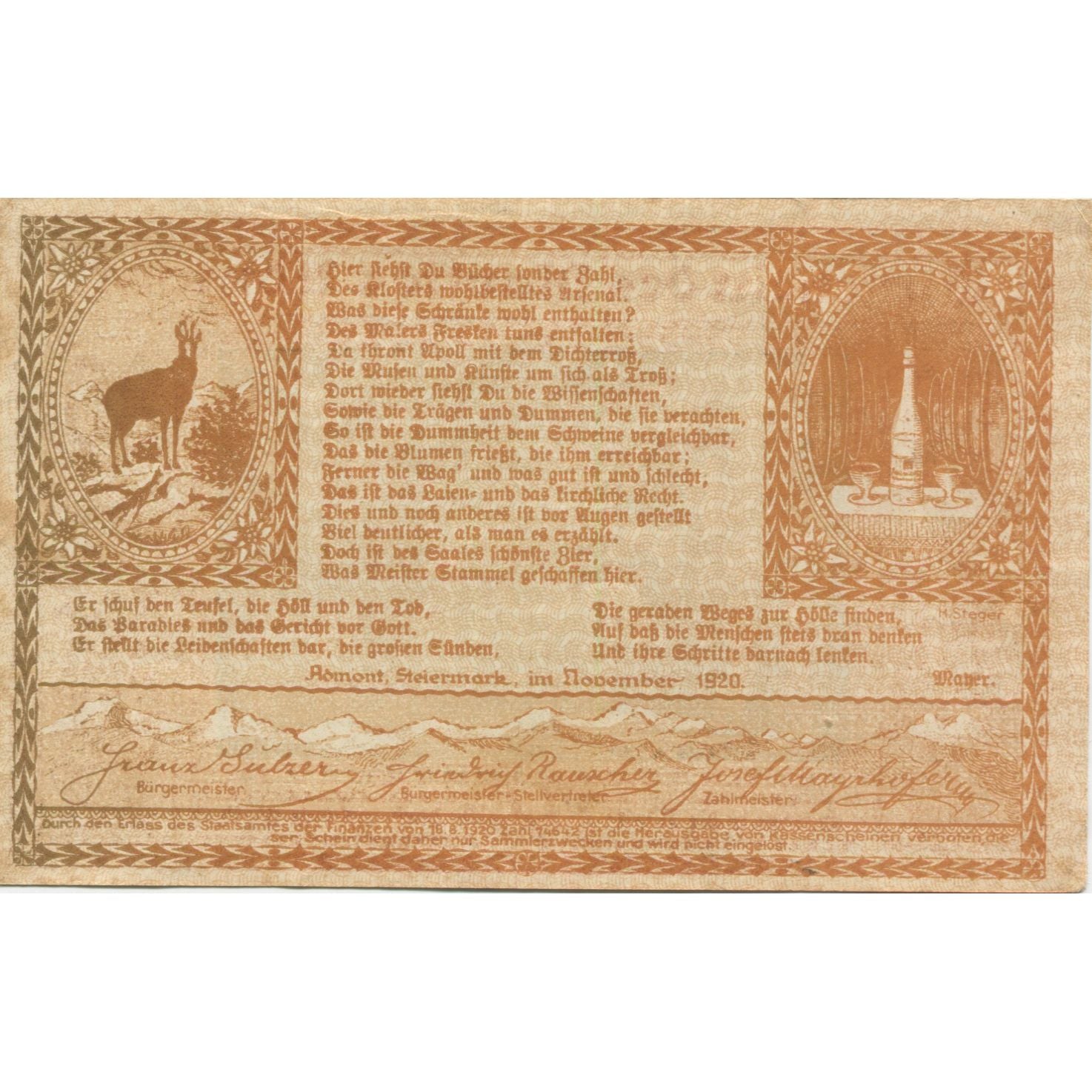 Banknote, Austria, Admont, 80 Heller, cerf, 1920, AU(55-58), Mehl:FS 6a