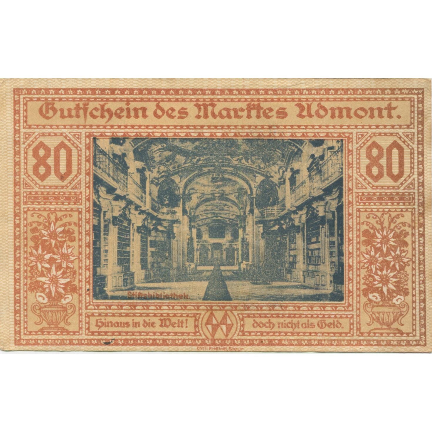 Banknote, Austria, Admont, 80 Heller, cerf, 1920, AU(55-58), Mehl:FS 6a