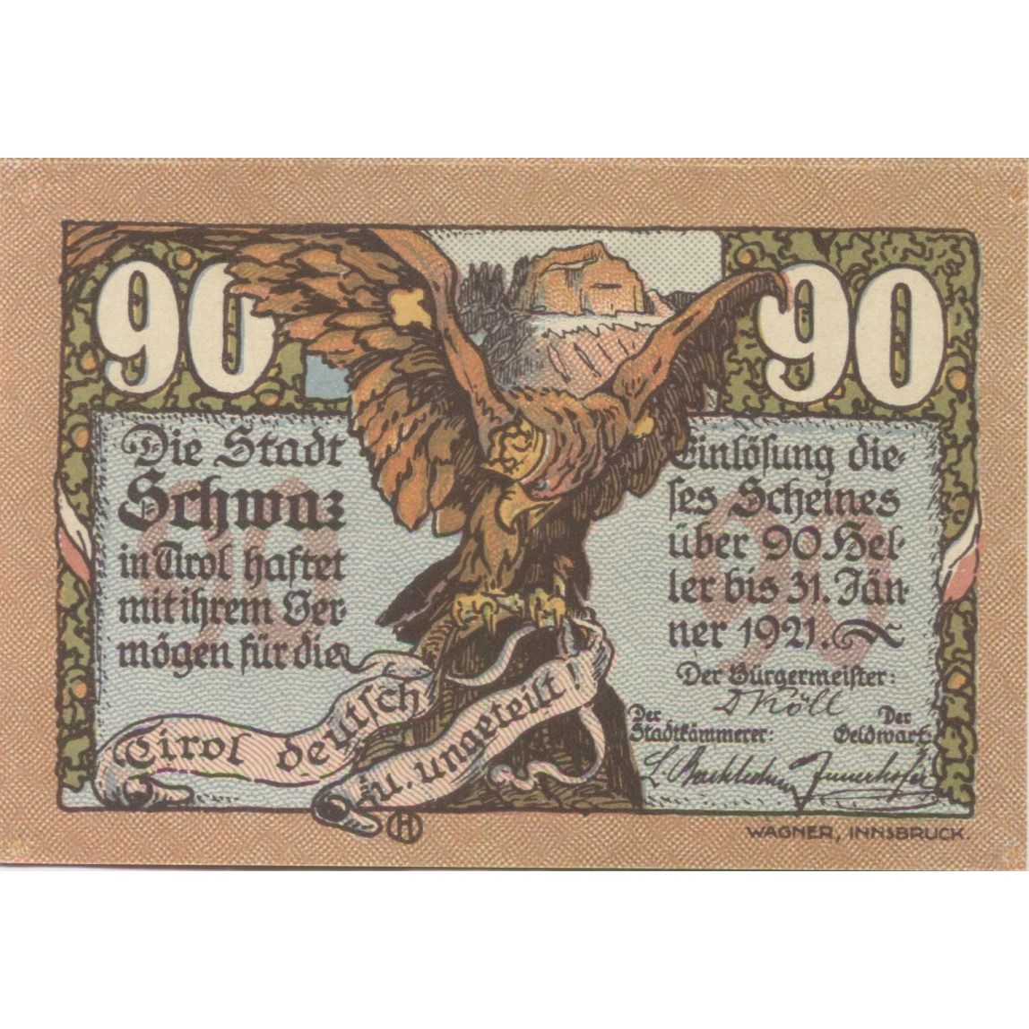 Banconote, Austria, Schwaz, 90 Heller, paysage 1920-12-31, SPL Mehl:FS 983a
