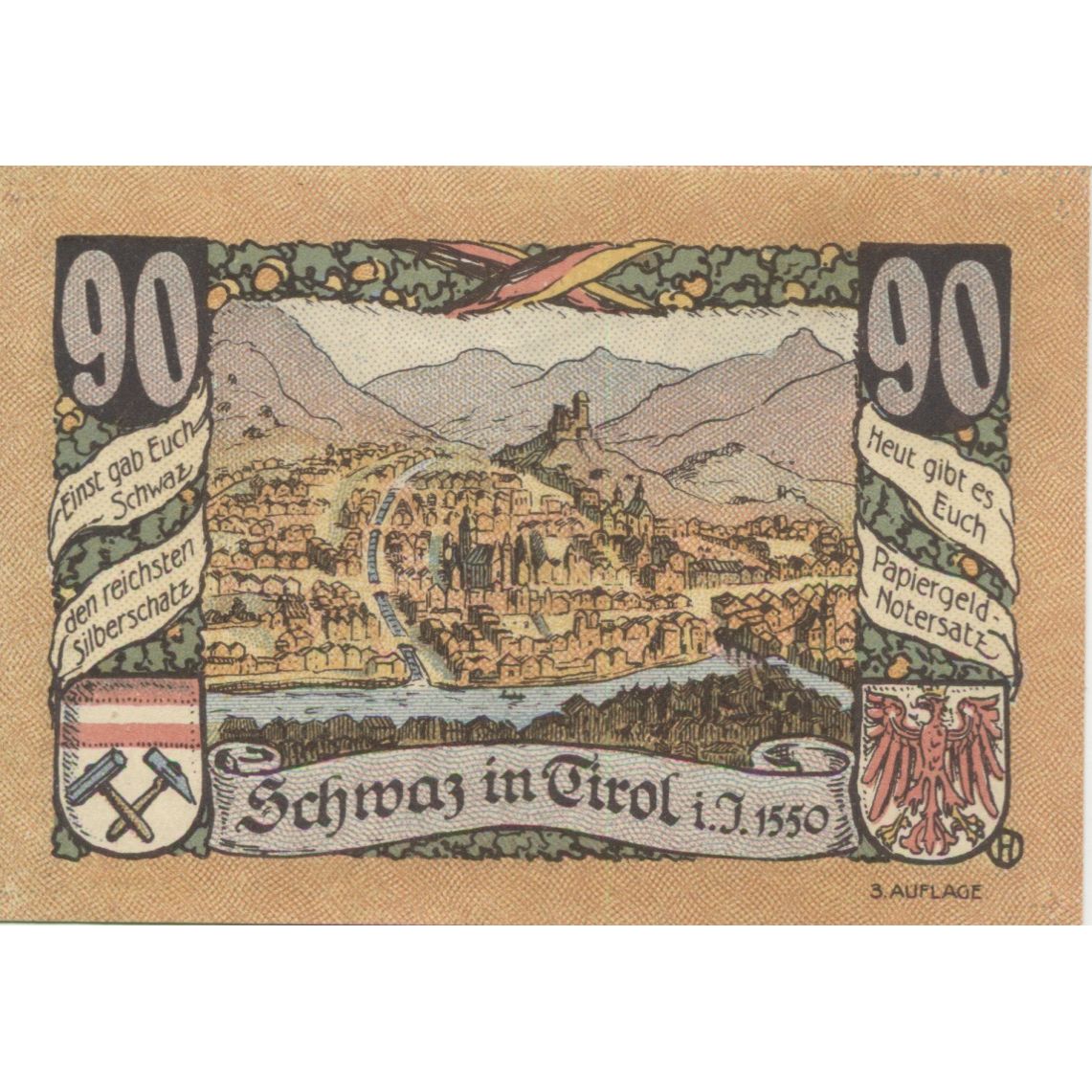 Banconote, Austria, Schwaz, 90 Heller, paysage 1920-12-31, SPL Mehl:FS 983a