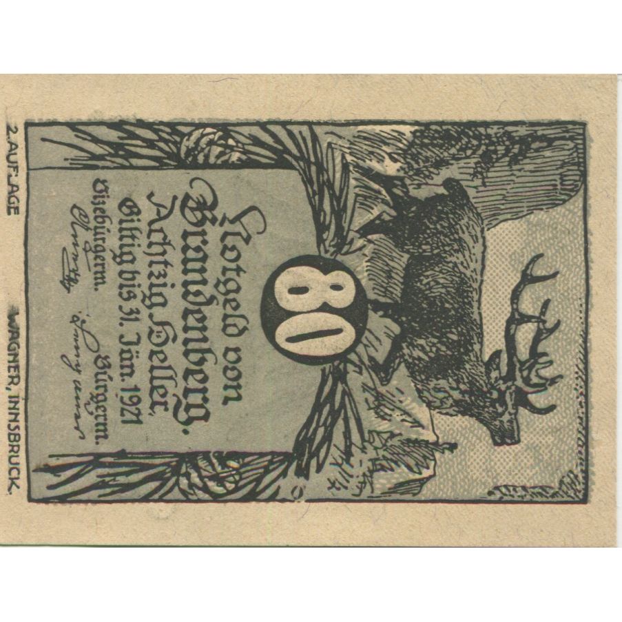 Banknote, Austria, Brandenberg, 80 Heller, Blason, 1920 UNC(63) Mehl:FS 99bA