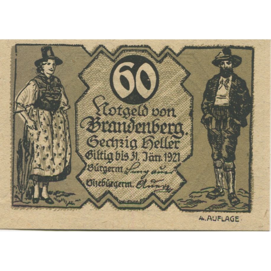 Banknote, Austria, Brandenberg, 60 Heller, personnage, 1920 UNC(63) Mehl:FS 99d