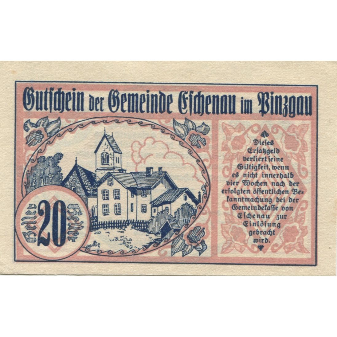 Billete, Austria, Eschenau, 20 Heller, Eglise, 1920, SC, Mehl:FS 188b
