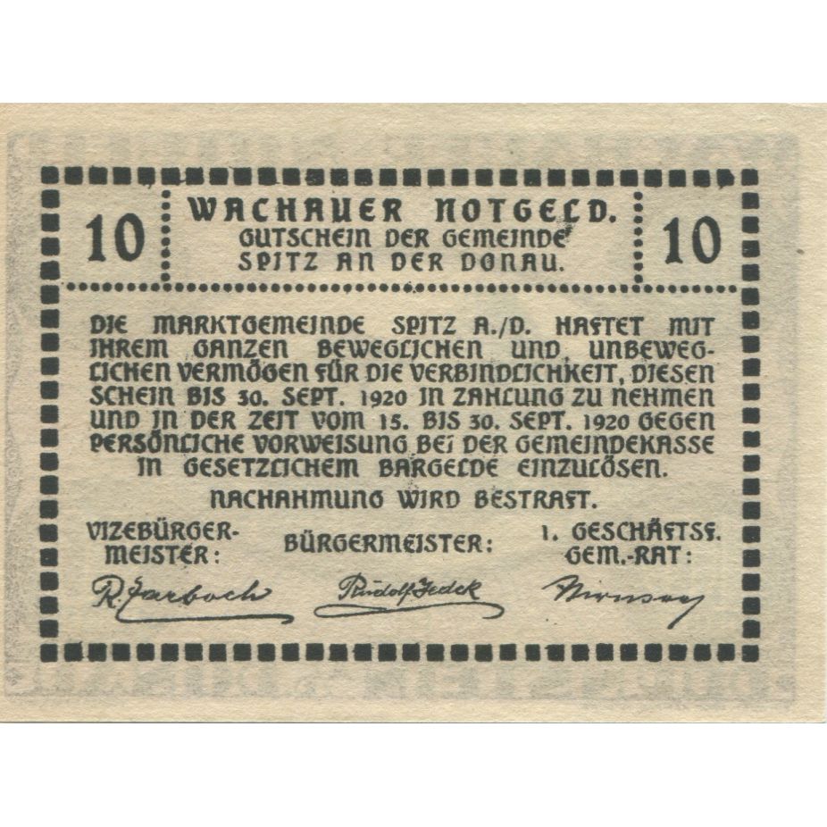 Billet, Autriche, Dürnstein, 10 Heller, paysage 1920-09-30, SPL Mehl:FS 1122.3II