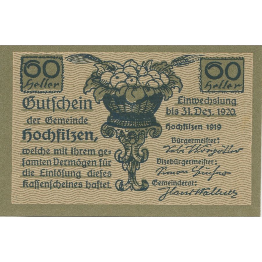 Billet, Autriche, Hochfilzen, 60 Heller, gare 1920-12-31, SPL Mehl:FS 382a
